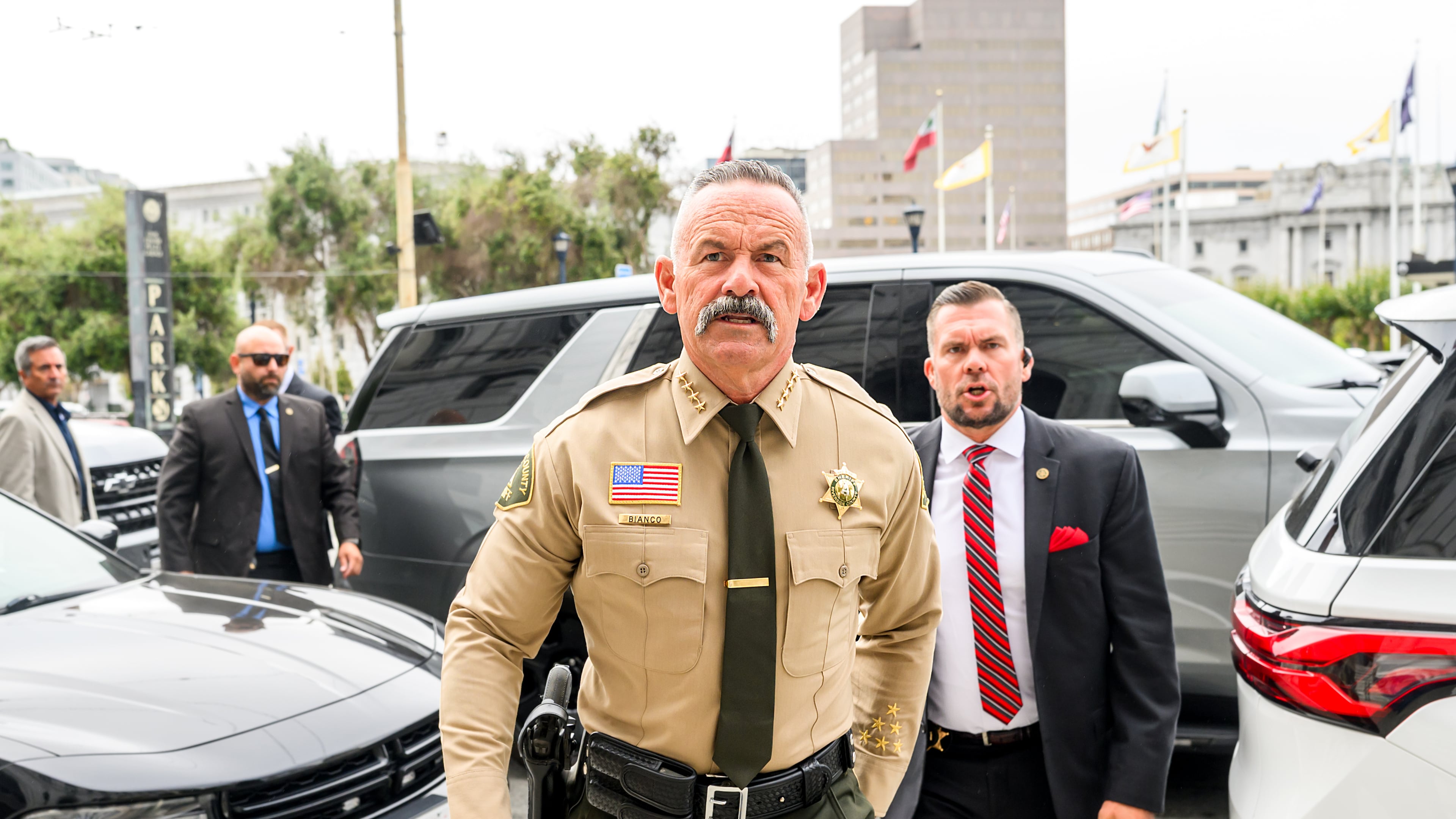 FILE - Riverside County Sheriff Chad Bianco arrives at the Supreme Court of California for a hearing about his seizure and recount of more than half a million 2025 election ballots on Aug. 24, 2026, in San Francisco. (AP Photo/Noah Berger, File)