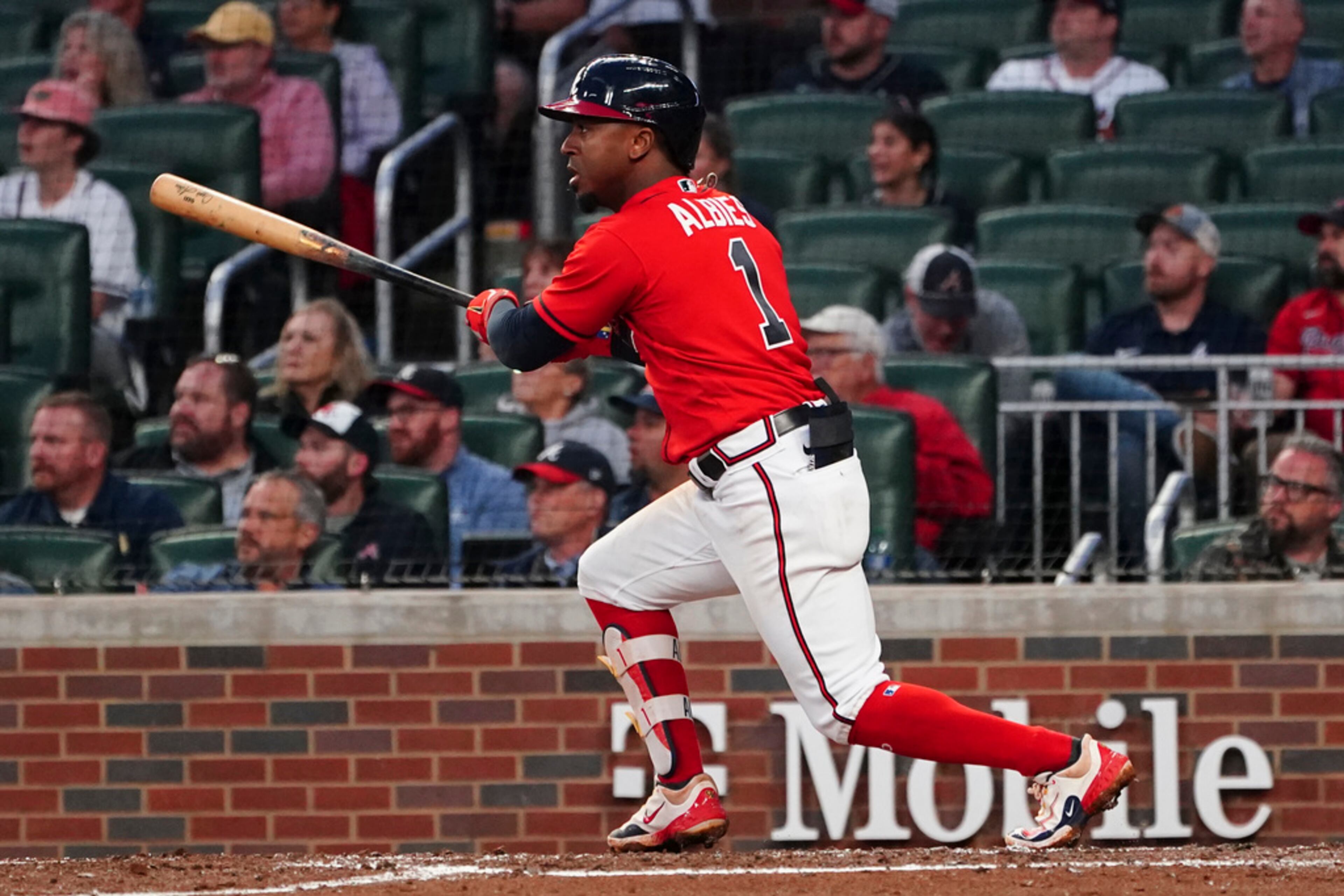Atlanta Braves second baseman Ozzie Albies (1) hits a single in the fourth inning of a baseball game against the Baltimore Orioles Friday, May 5, 2023, in Atlanta. (AP Photo/John Bazemore)