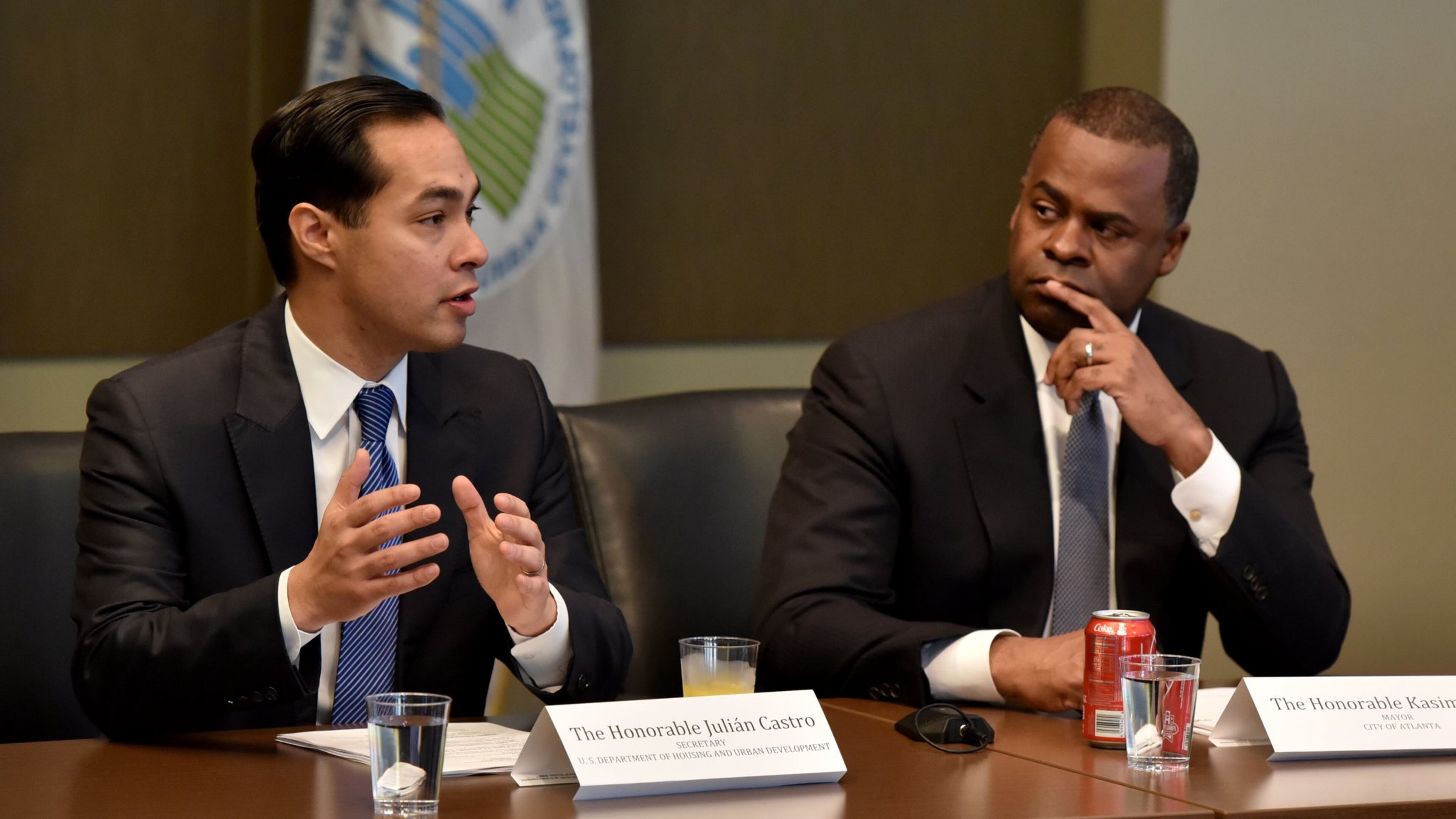 Atlanta Mayor Kasim Reed, right, joined HUD Secretary Julian Castro and other local leaders in a round-table discussion regarding housing affordability and economic mobility. BRANT SANDERLIN/BSANDERLIN@AJC.COM
