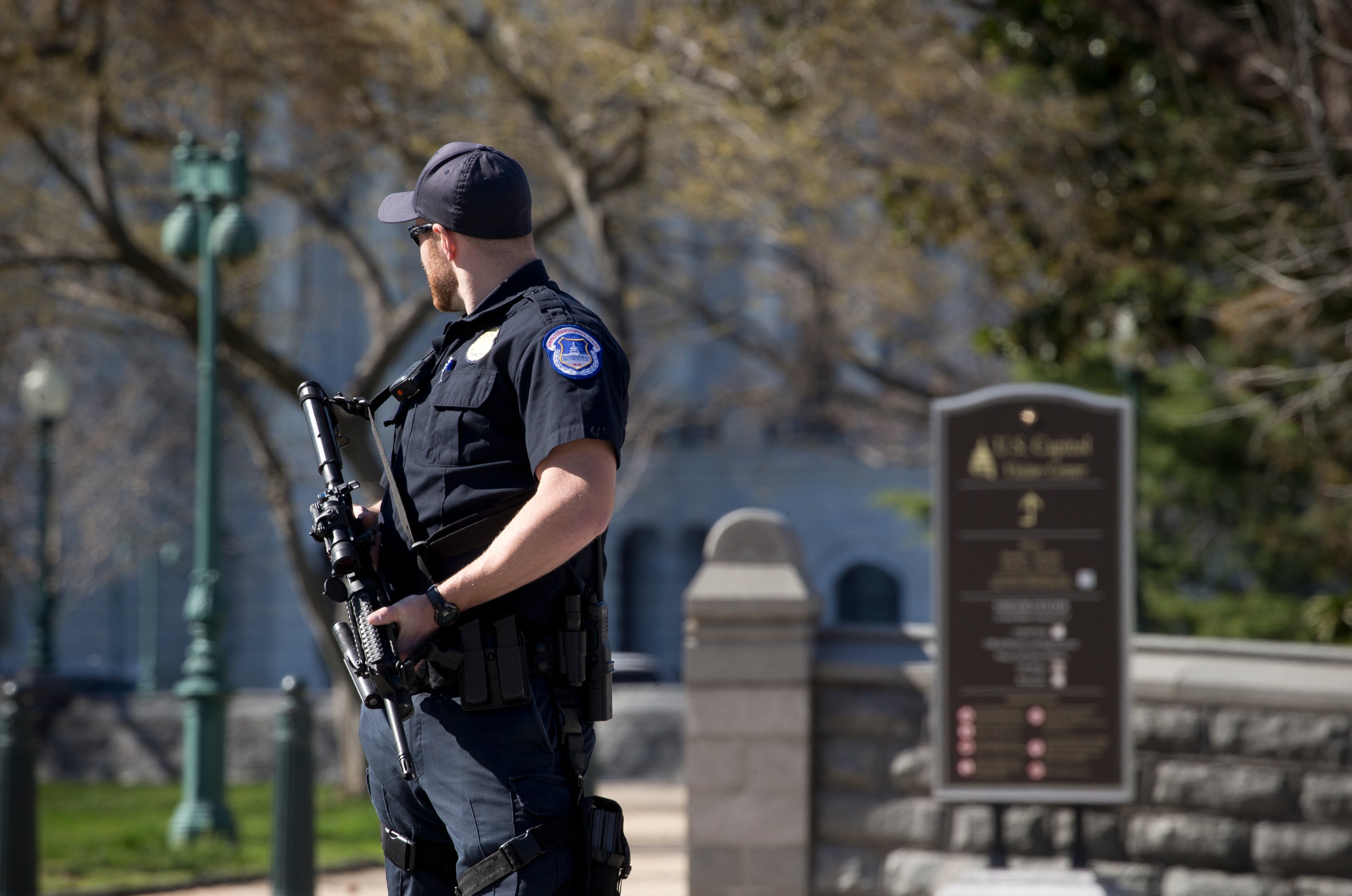 A Capitol Police officer on guard outside the the U.S. Capitol, which was placed on lockdown, in Washington, March 28, 2016. A gunman on Capitol Hill was shot by the police Monday and taken to a local hospital, according to federal law enforcement officials. The authorities did not believe that the incident was part of a larger plot, the officials said. The White House was also placed on lockdown. (Stephen Crowley/The New York Times)