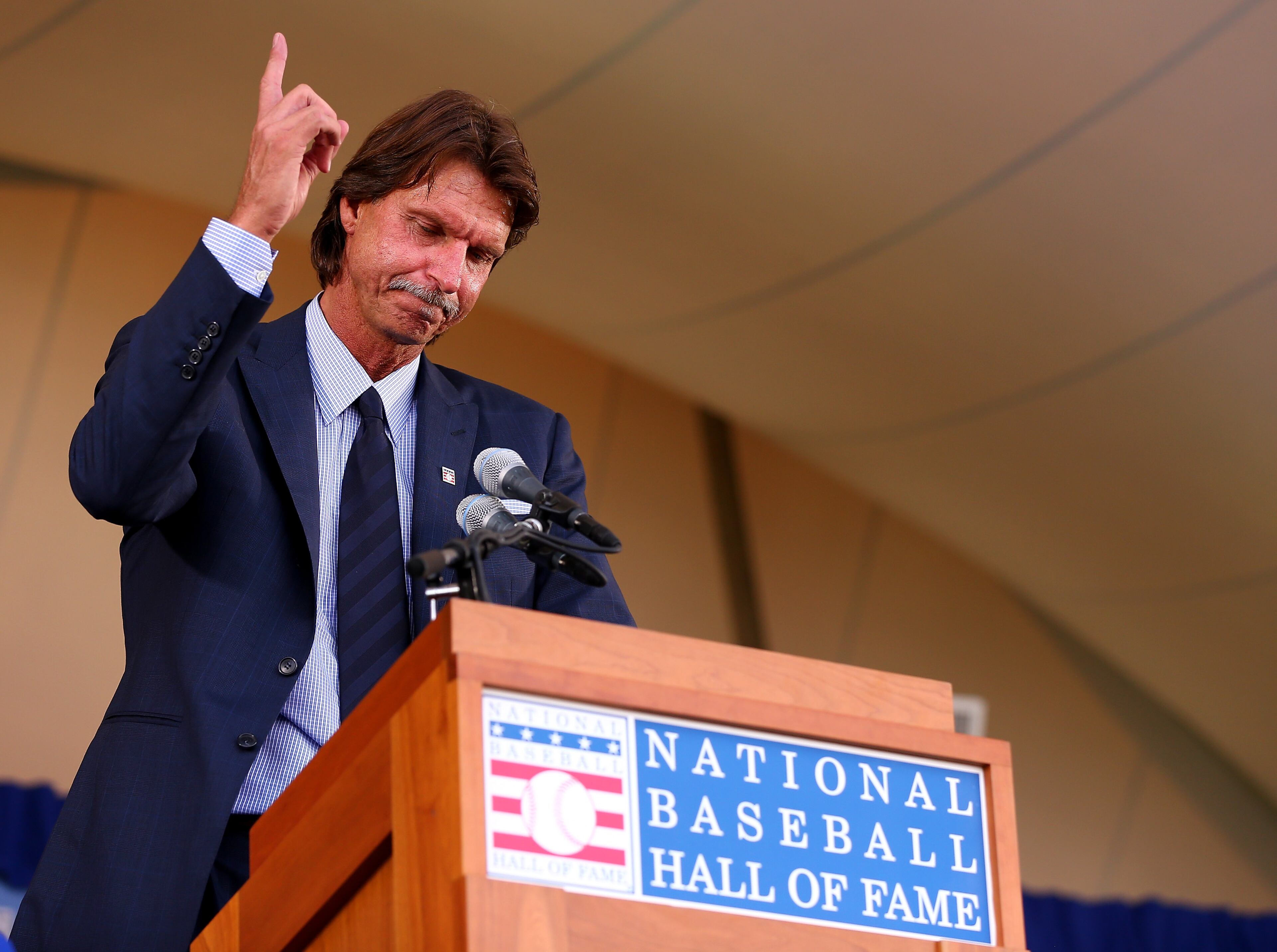 COOPERSTOWN, NY - JULY 26: Randy Johnson speaks during the Hall of Fame Induction Ceremony at National Baseball Hall of Fame on July 26, 2015 in Cooperstown, New York.Johnson was inducted with Pedro Martinez;Craig Biggio and John Smoltz (Photo by Elsa/Getty Images)