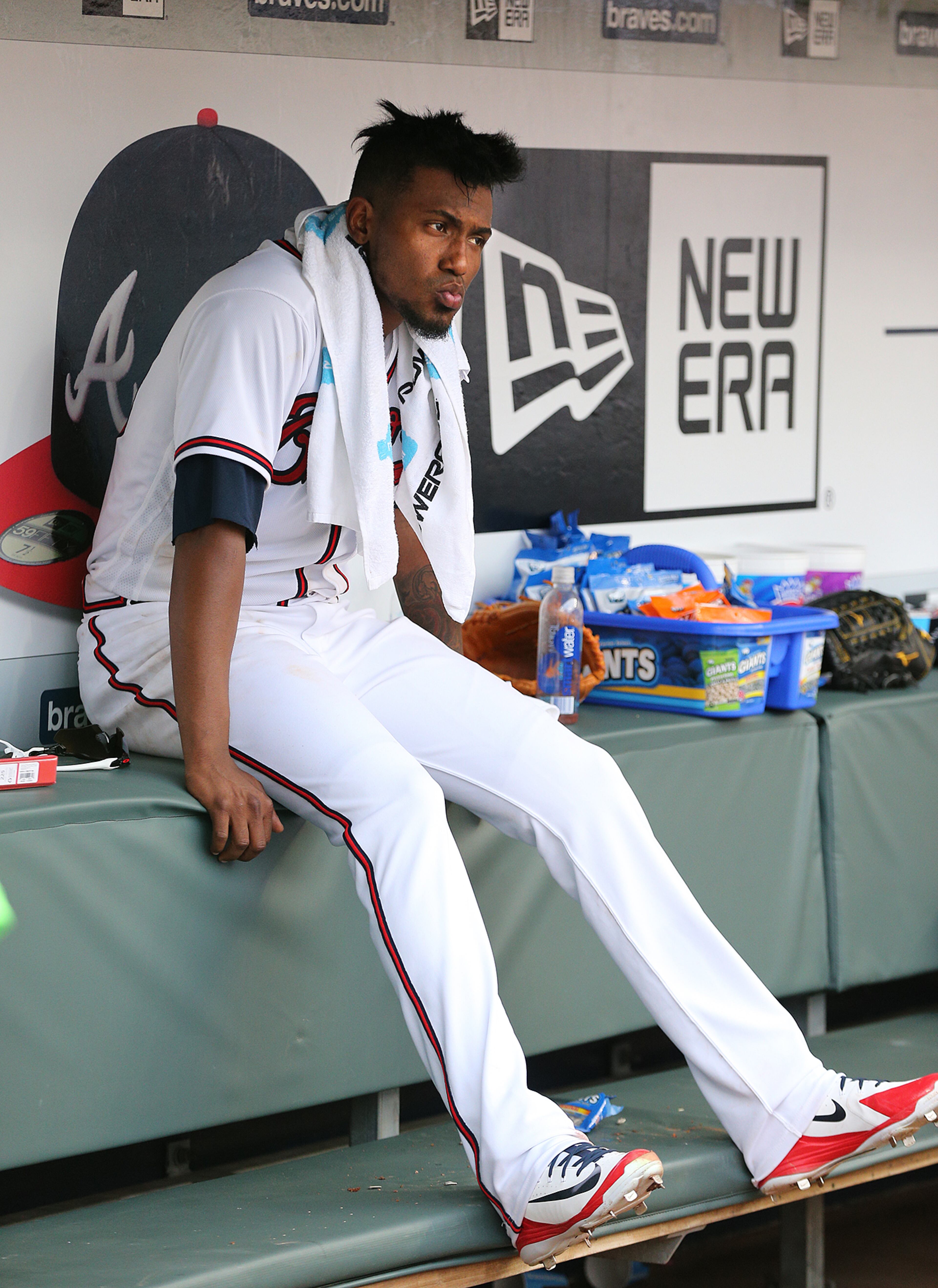 March 29, 2018 Atlanta: Braves pitcher Julio Teheran reacts in the dugout during the sixth inning as the Phillies score four runs to widen their lead in a MLB baseball home opening game on Thursday, March 29, 2018, in Atlanta. Curtis Compton/ccompton@ajc.com