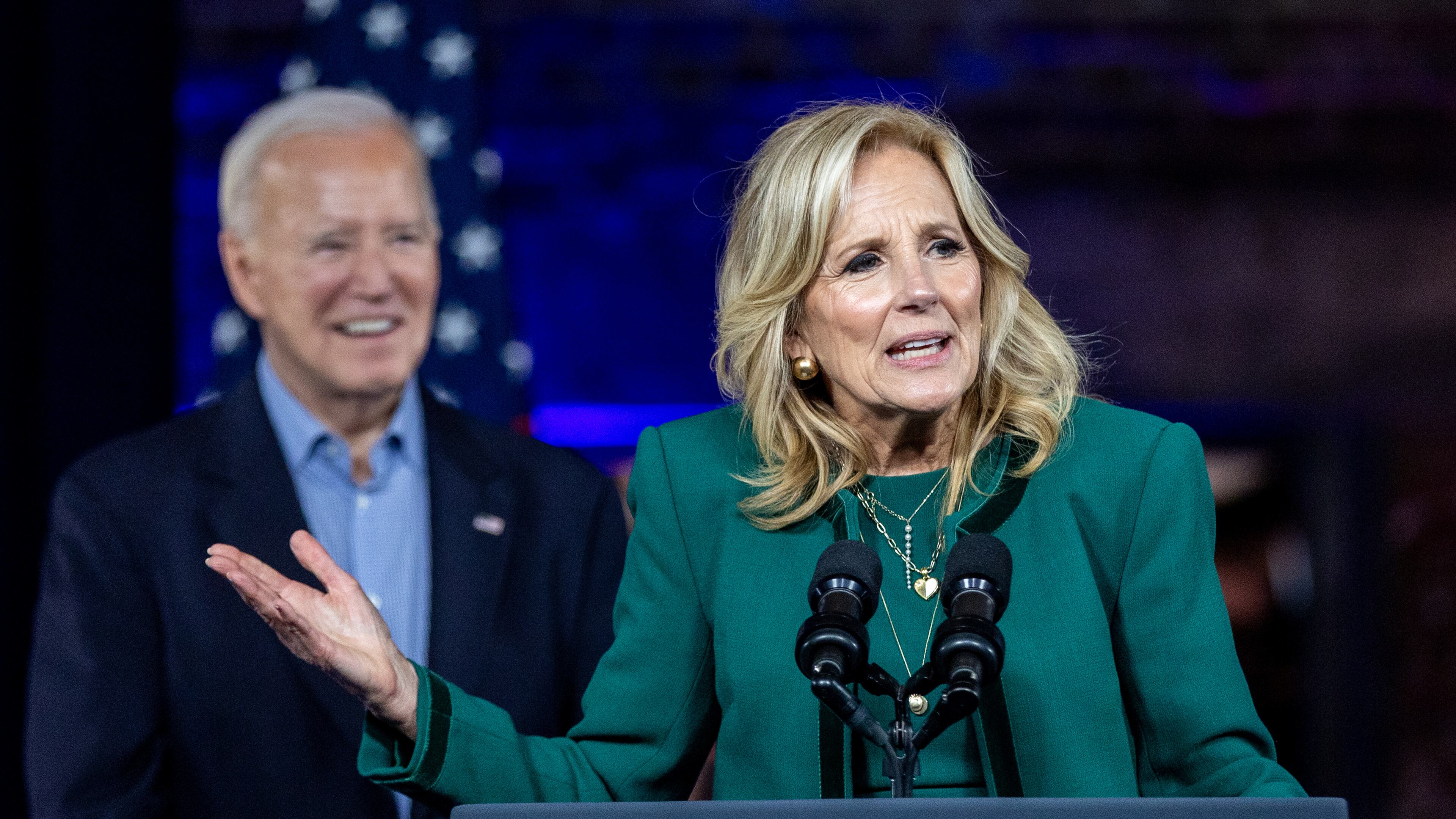 First Lady Jill Biden talks at a rally at Pullman Yard on Saturday evening in Atlanta, March 9, 2024. Some liberal stalwarts are urging Georgia Democrats to leave their ballots blank on Tuesday as a protest vote over Joe Biden's policies toward Israel in the war in Gaza. (Steve Schaefer/steve.schaefer@ajc.com)