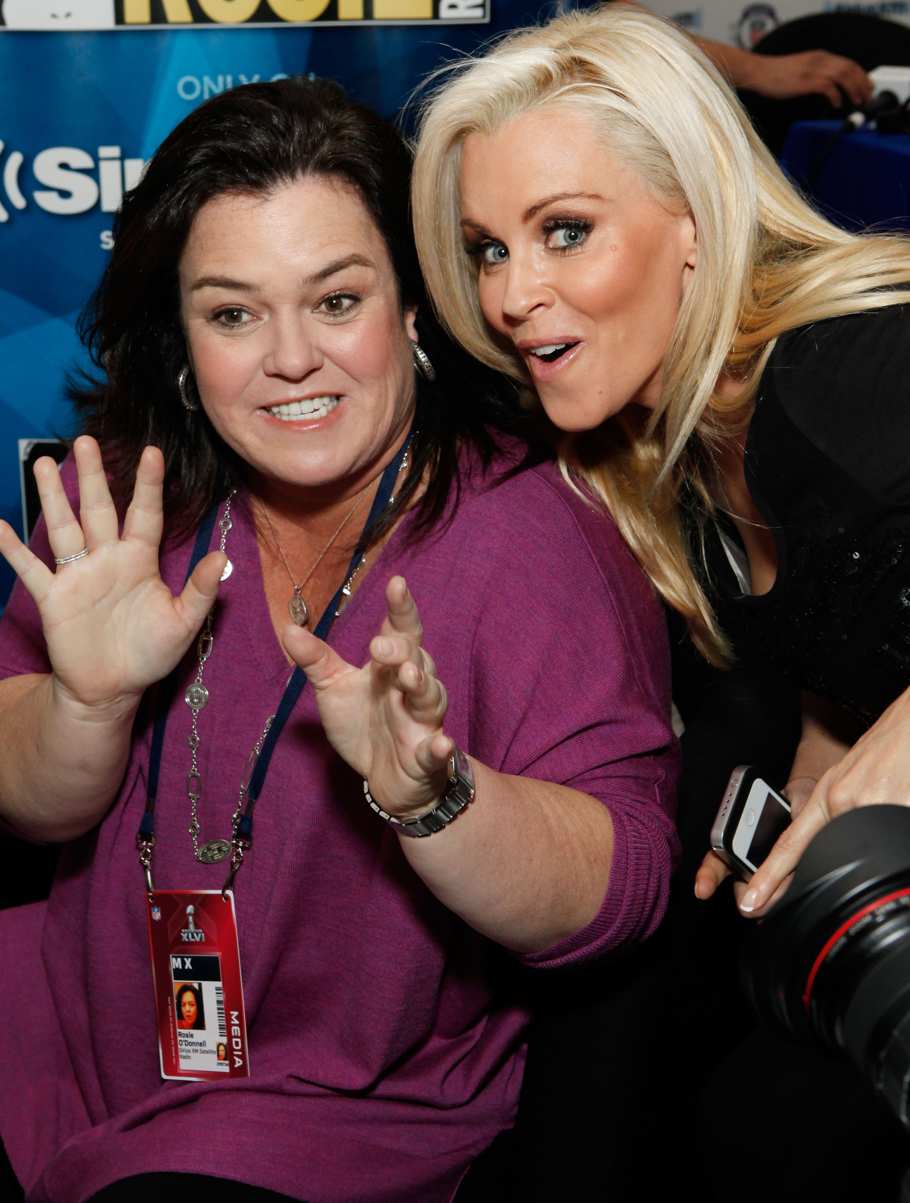 Rosie O'Donnell (left) and Jenny McCarthy attend SiriusXM Broadcasts Live From Radio Row during Super Bowl XLVI Week in Indianapolis at the JW Marriott on Feb. 3, 2012, in Indianapolis.