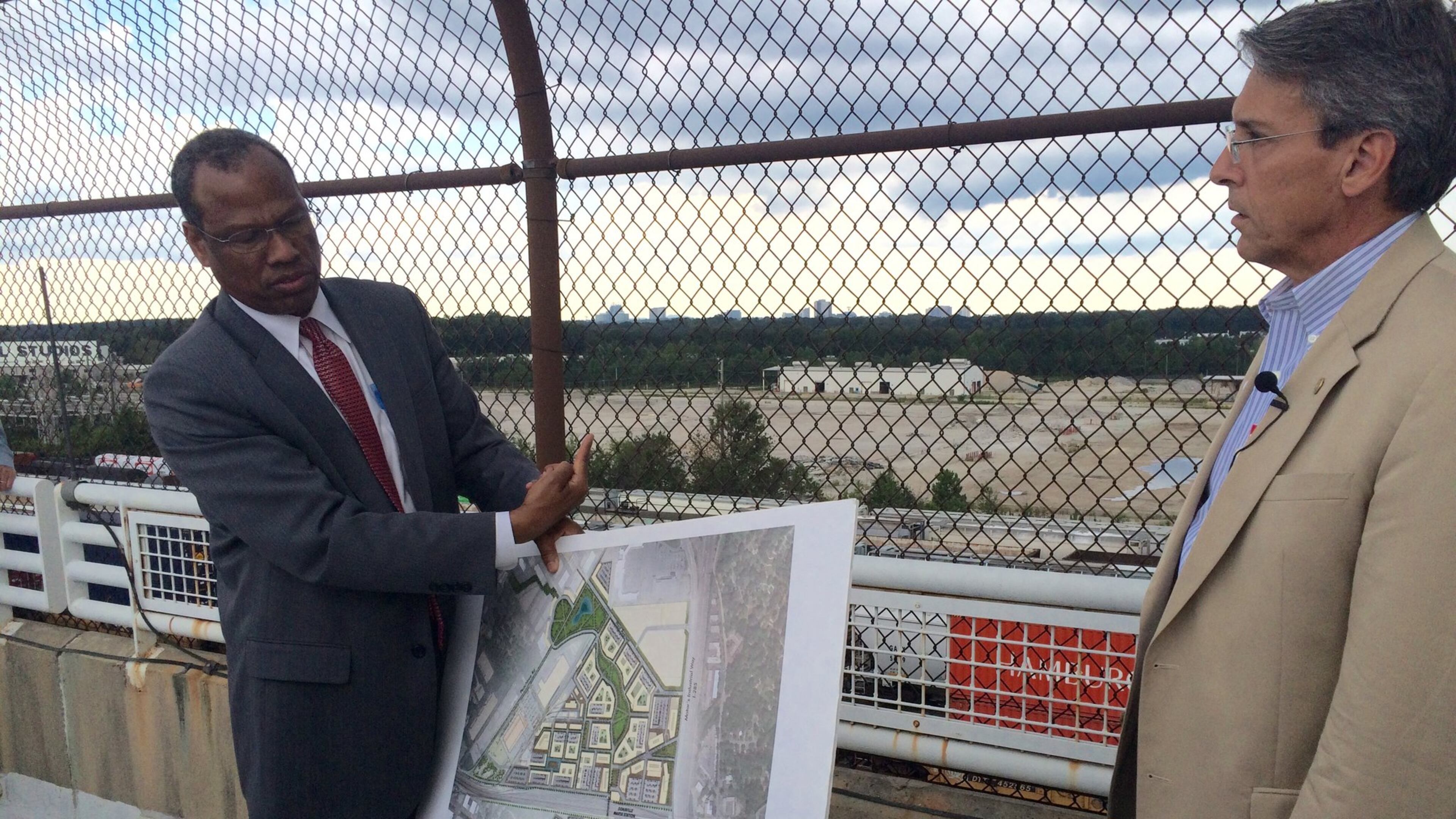 Egbert Perry, left, and Dave Schmit, two partners in the redevelopment of the former General Motors plant in Doraville, discuss their plans for the site Tuesday, Aug. 16, 2016 during a media tour. J. Scott Trubey/strubey@ajc.com