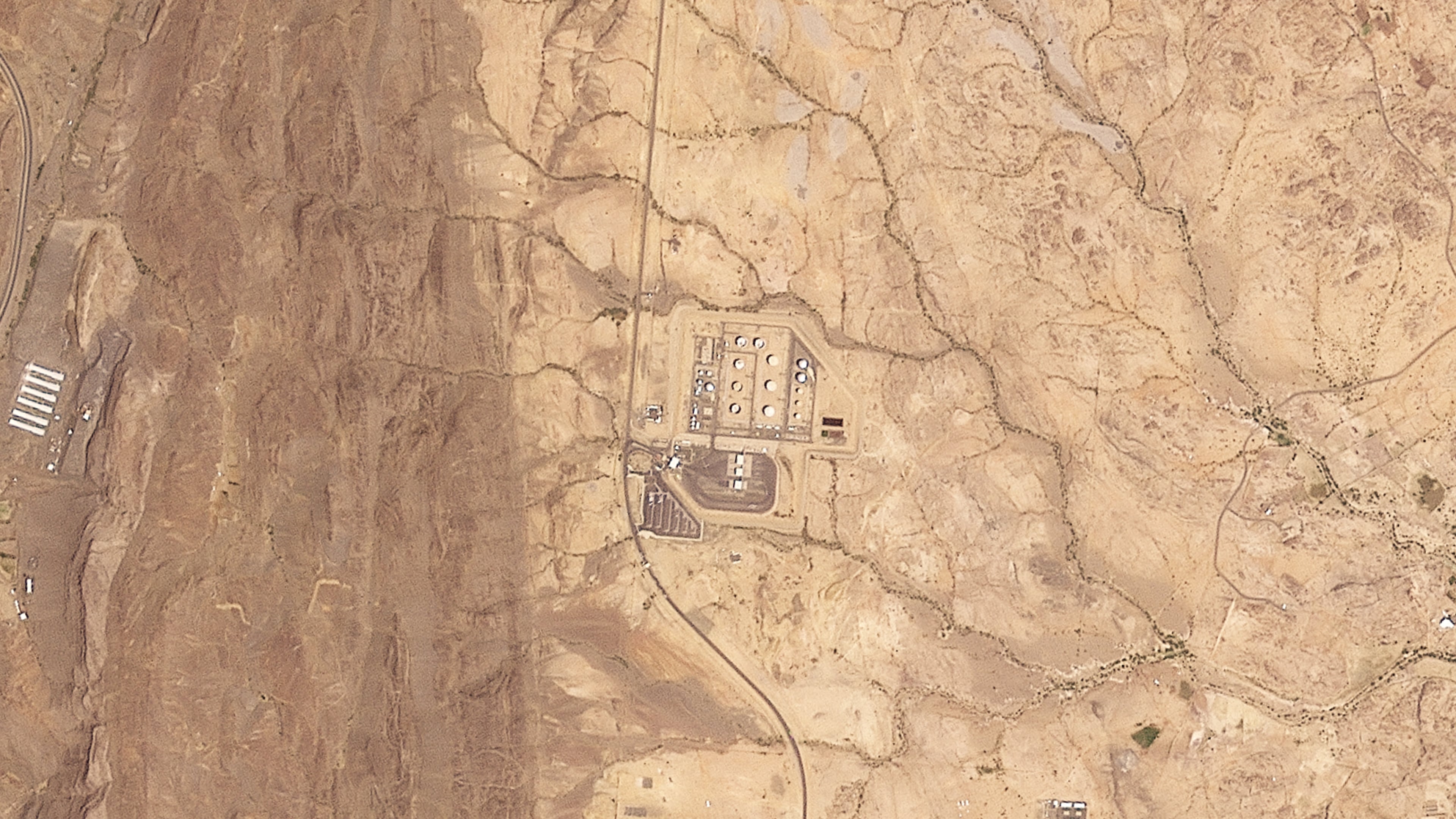 This satellite image provided by Planet Labs PBC shows a Saudi Aramco oil refinery north of Abha, Saudi Arabia, shortly before a plume of smoke began rising from the facility Tuesday, Sept. 8, 2026. (Planet Labs PBC via AP)