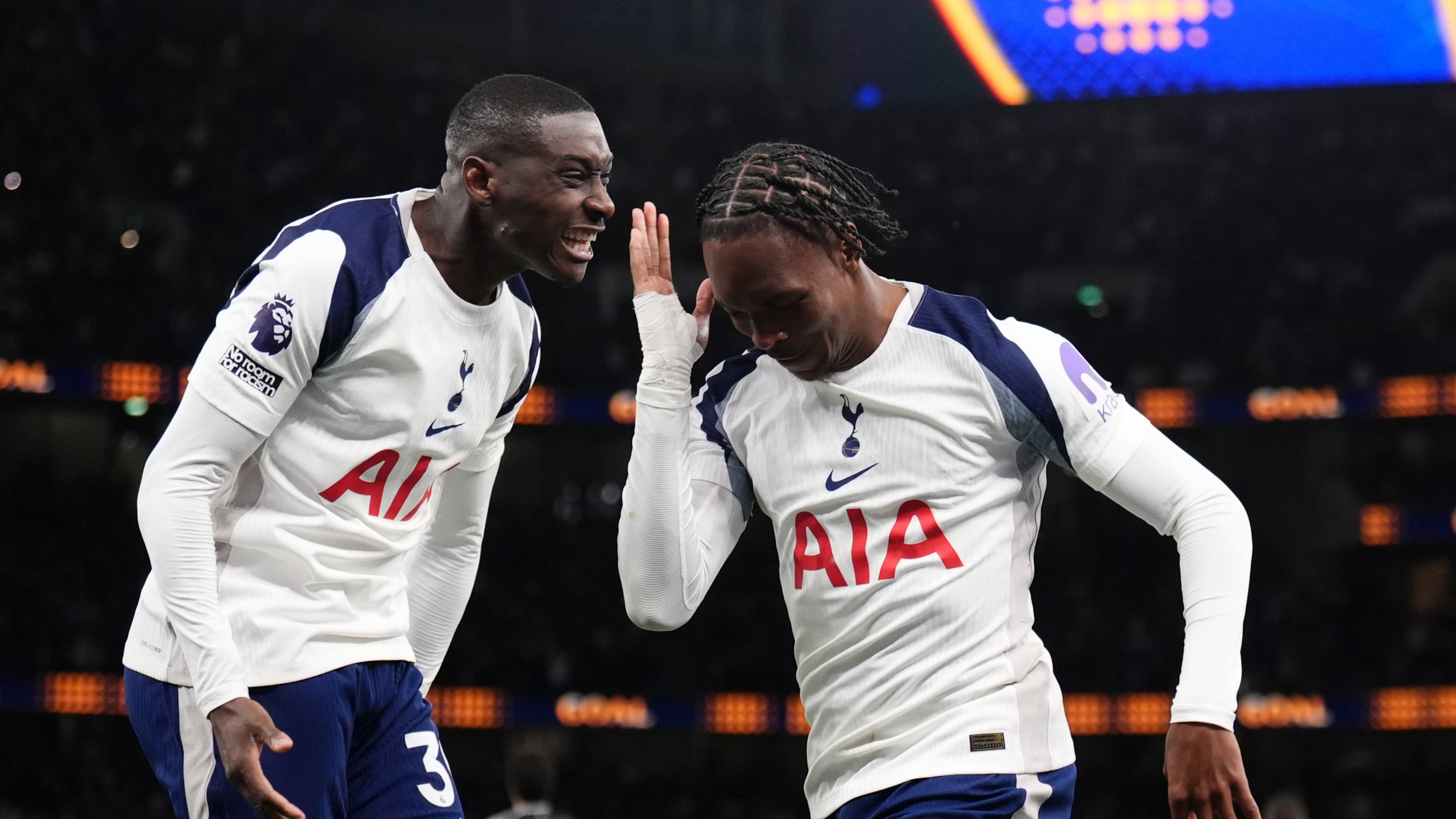 Tottenham Hotspur's Mathys Tel, right, celebrates scoring during the English Premier League soccer match between Tottenham Hotspur and Leeds United in London, Monday May 11, 2026. (John Walton/PA via AP)