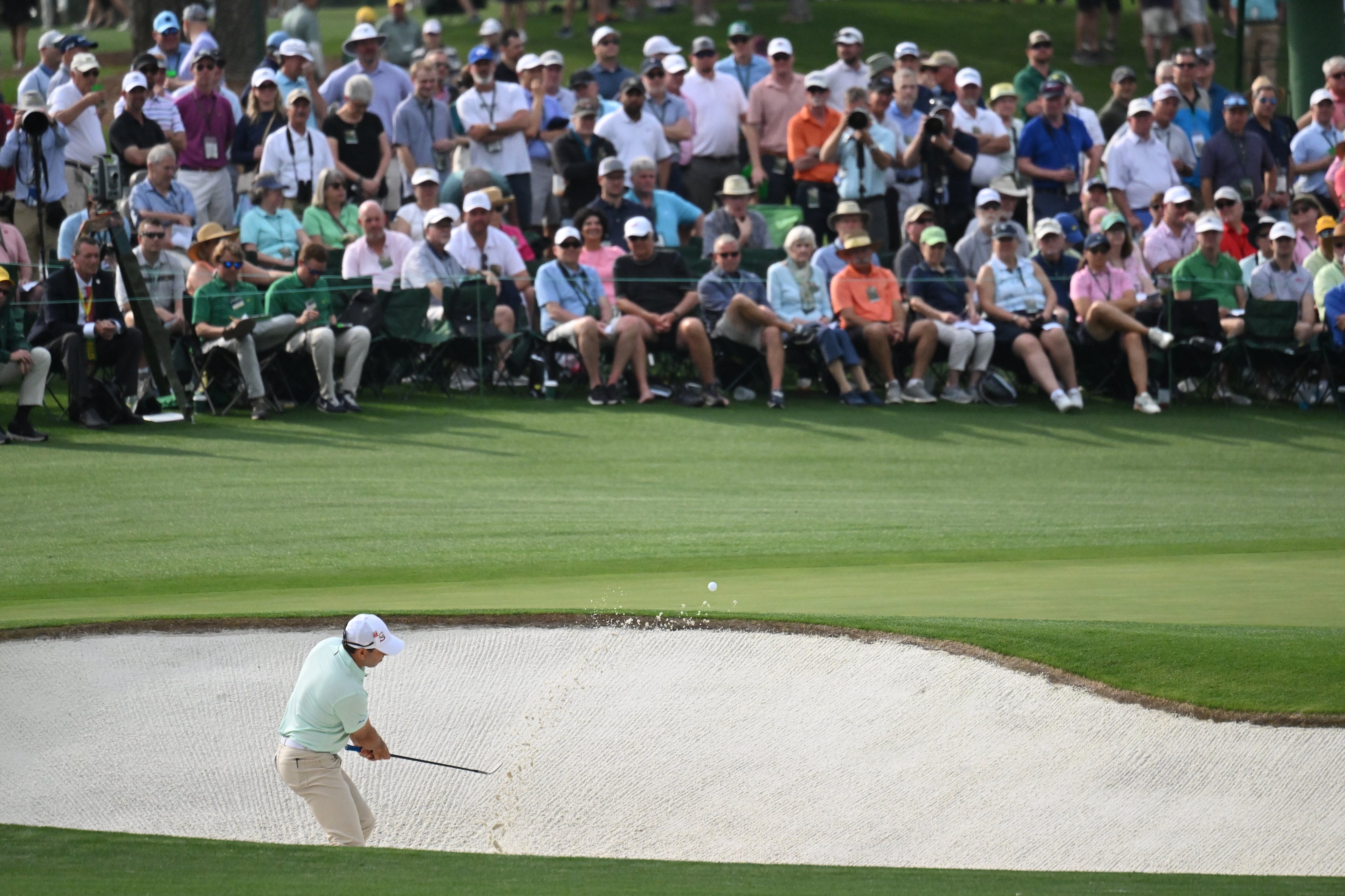Sergio Garcia hits from the bunker one second hole at the first round of the 2023 Masters Tournament at Augusta National Golf Club, Thursday, April 6, 2023, in Augusta, Ga. (Hyosub Shin / Hyosub.Shin@ajc.com)