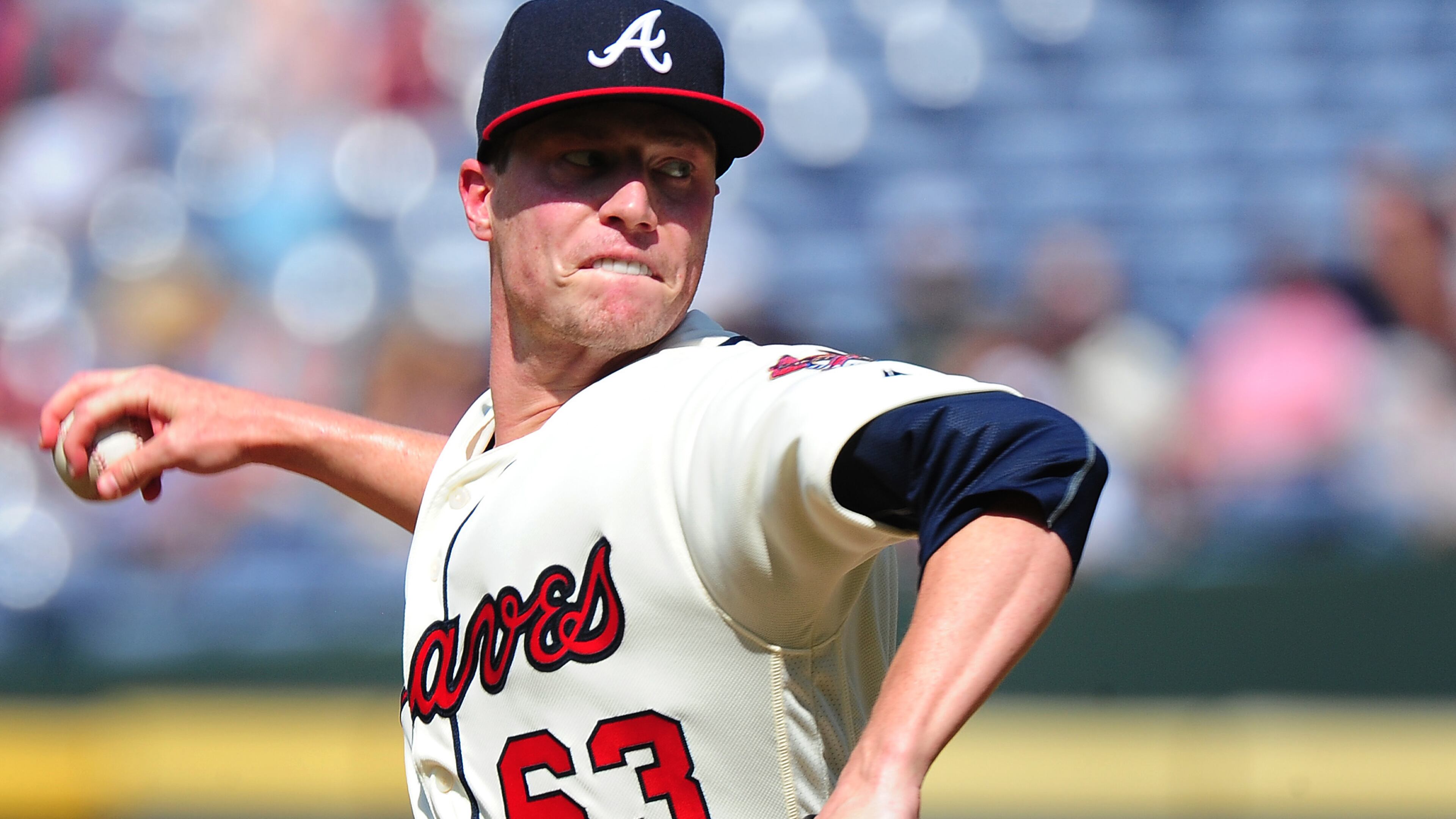 ATLANTA, GA - JULY 2: Lucas Harrell #63 of the Atlanta Braves throws a third inning pitch against the Miami Marlins at Turner Field on July 2, 2016 in Atlanta, Georgia. (Photo by Scott Cunningham/Getty Images)