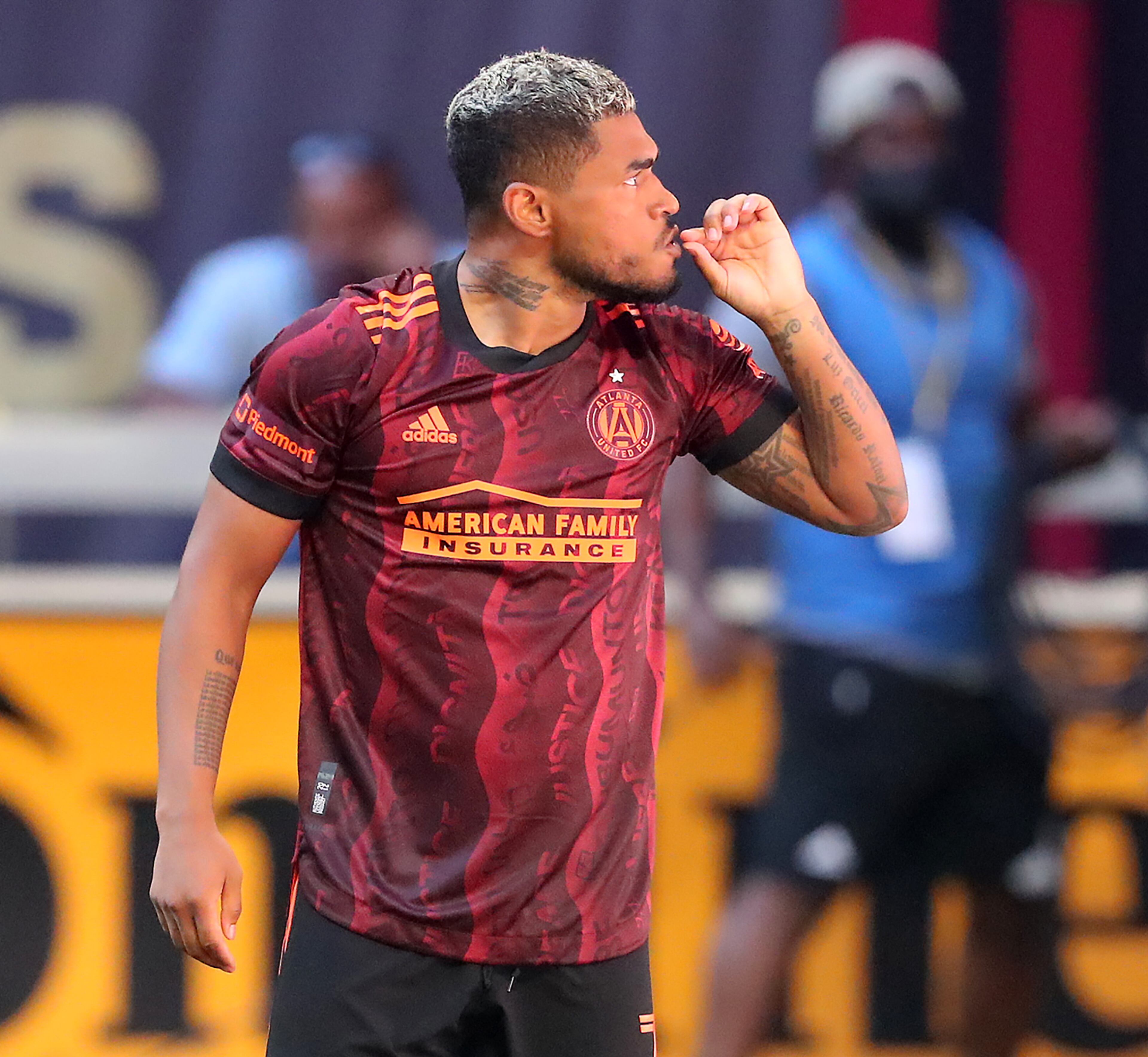 Atlanta United forward Josef Martinez celebrates scoring the only goal of the match against Los Angeles FC during the second half Sunday, Aug. 15, 2021, at Mercedes-Benz Stadium in Atlanta. (Curtis Compton / Curtis.Compton@ajc.com)
