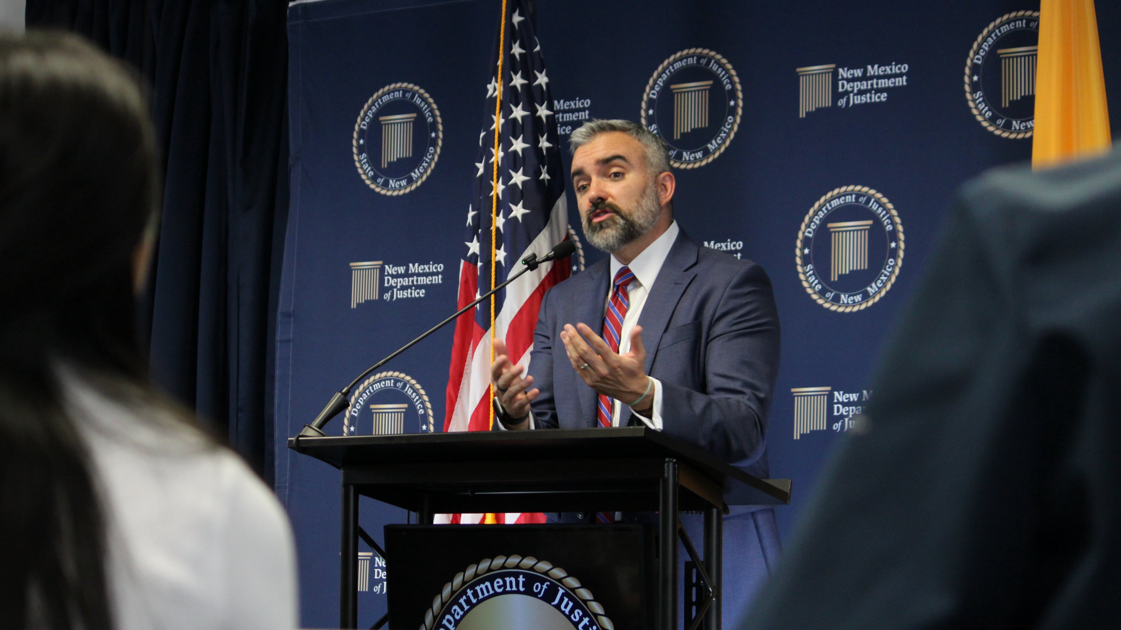 New Mexico Attorney General Raúl Torrez discusses a judgment in the state's Facebook case during a news conference in Albuquerque, N.M., on Wednesday, Oct. 21, 2026. (AP Photo/Susan Montoya Bryan)