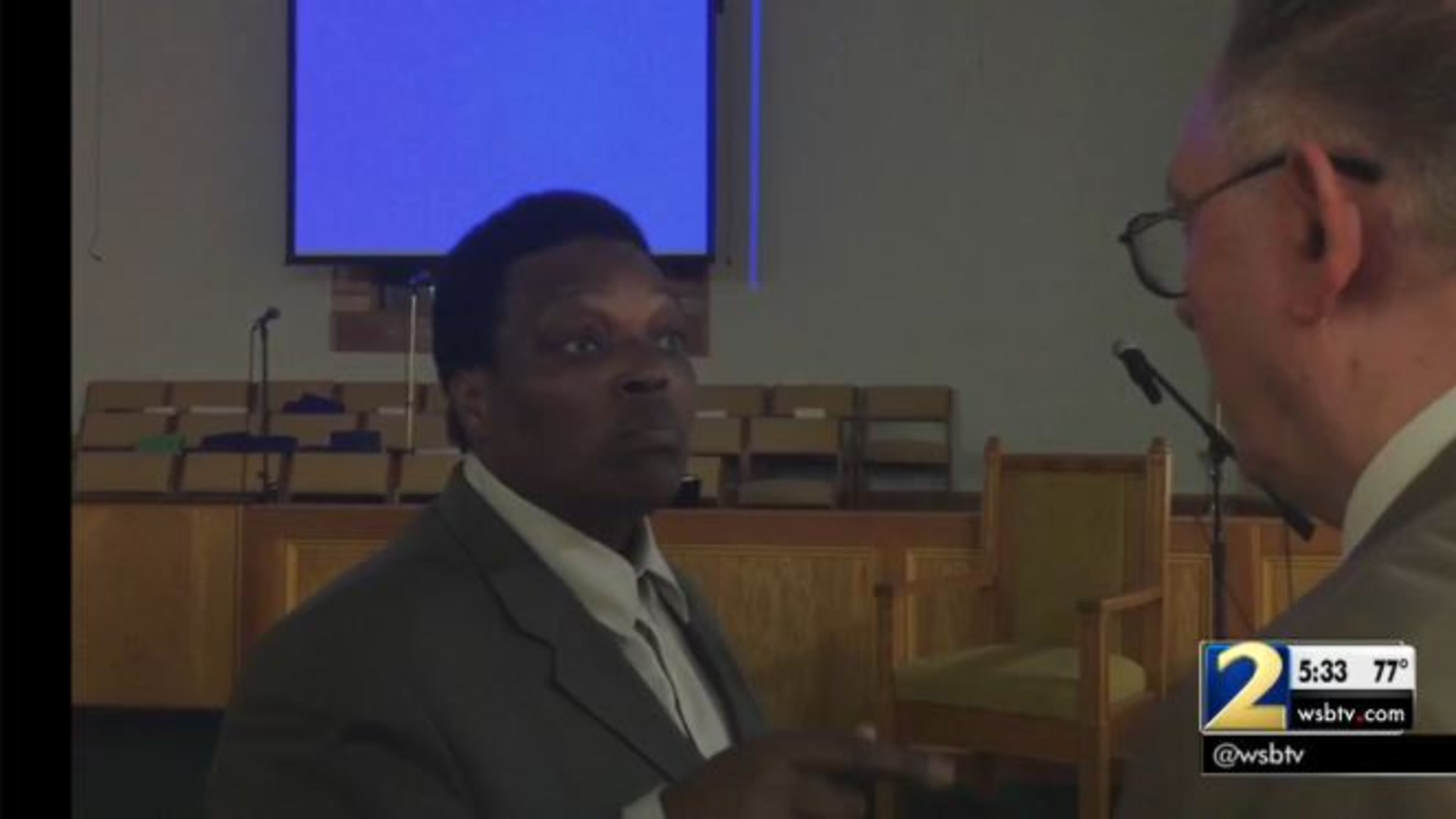 Local pastor Alfred T. Lance and Poston Road Baptist Church Elder Pete Maynard bump heads over bylaws. (Credit: Channel 2 Action News)