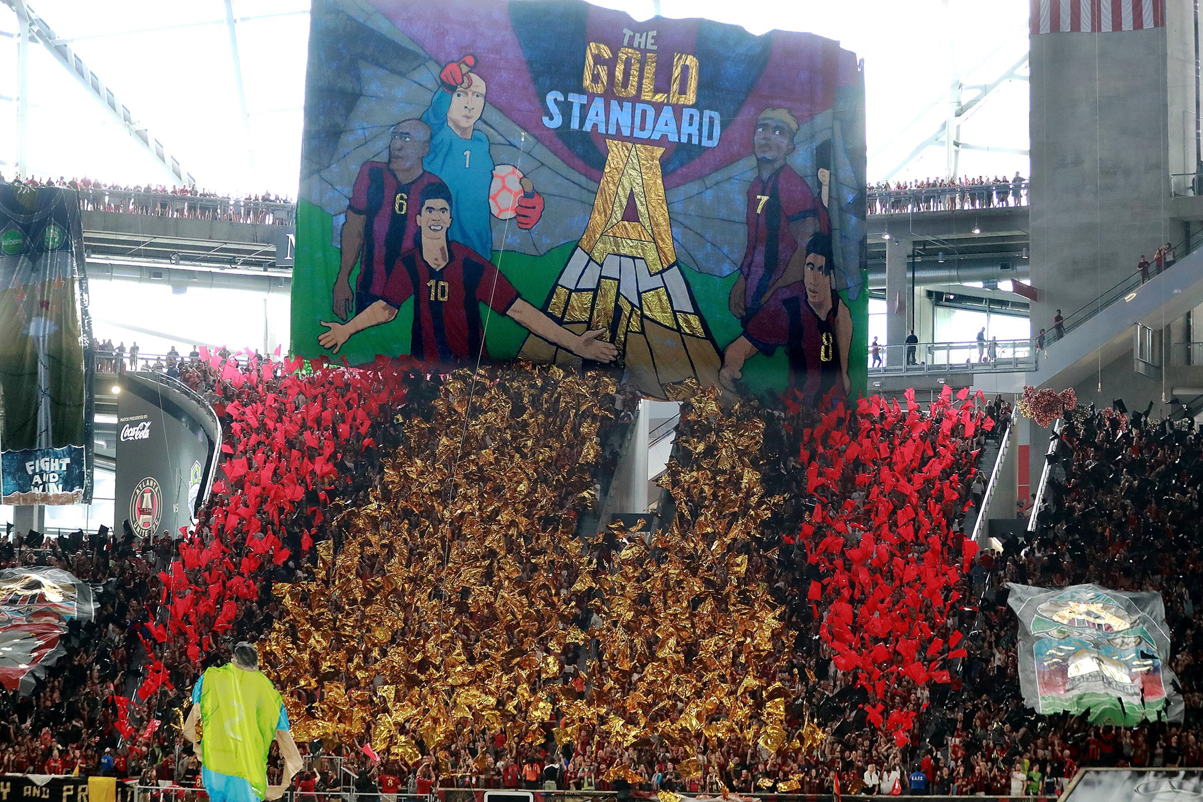 July 15, 2018 Atlanta: Atlanta United fans set a new MLS record attendance of 72,243 hoisting a tifo against the Seattle Sounders during the first half in a MLS soccer match on Sunday, July 15, 2018, in Atlanta. Curtis Compton/ccompton@ajc.com