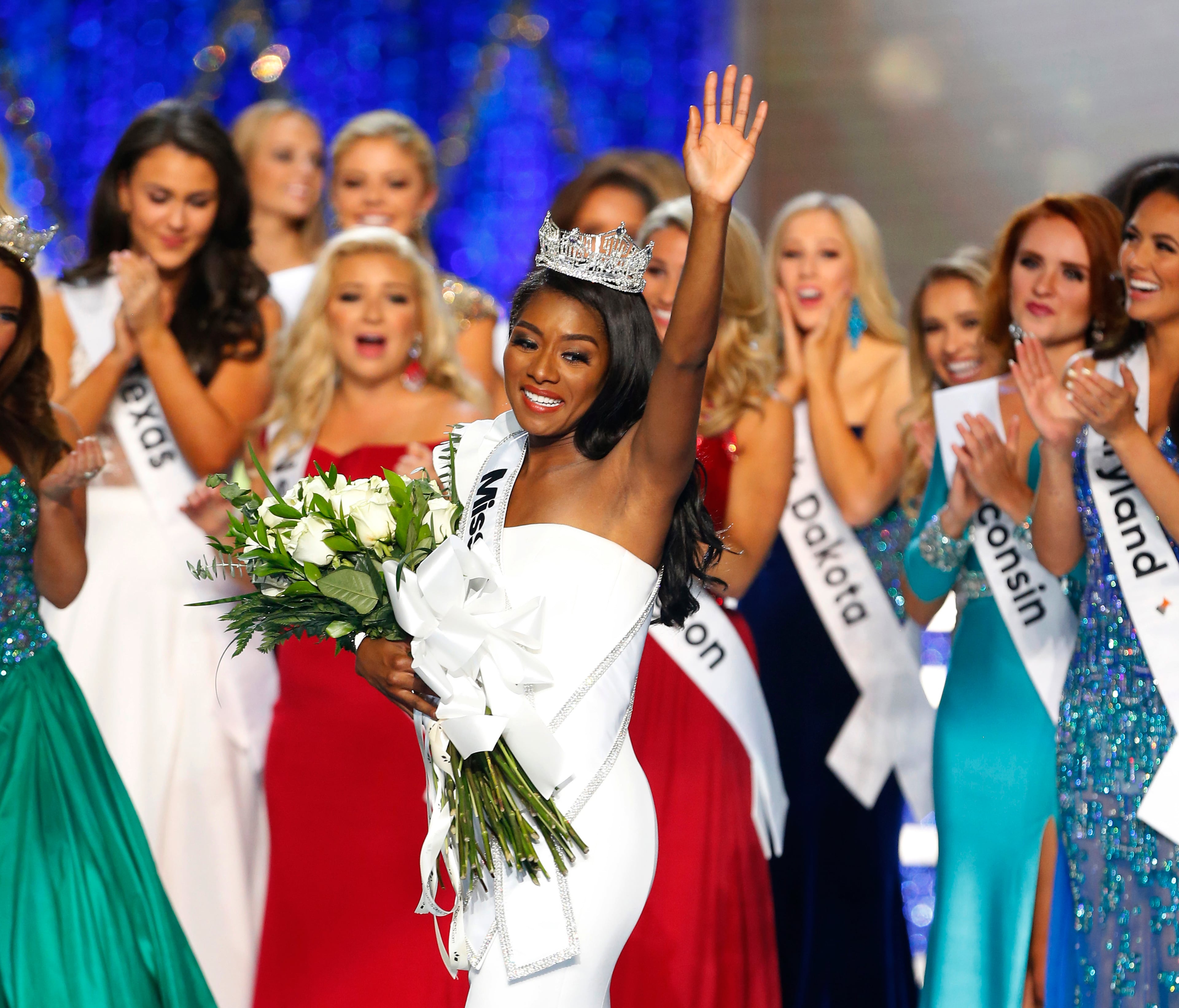 Miss New York Nia Franklin reacts after being named Miss America 2019, Sunday, Sept. 9, 2018, in Atlantic City, N.J. (AP Photo/Noah K. Murray)