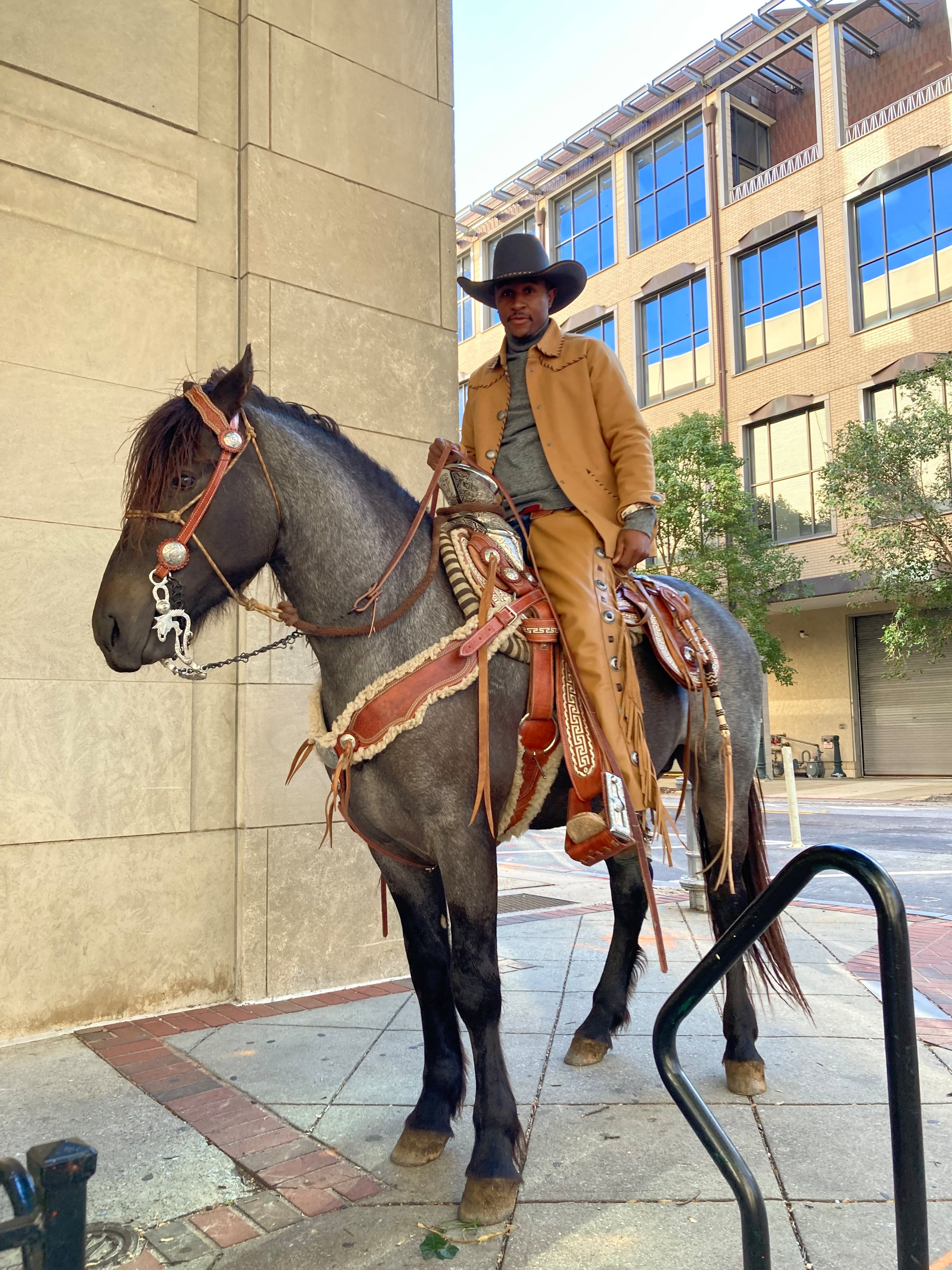 Brandon Fulton rode his horse named B-NYC to the U.S. Court of Appeals for the 11th Circuit in downtown Atlanta on Tuesday, for arguments in his case. (Rosie Manins/AJC)