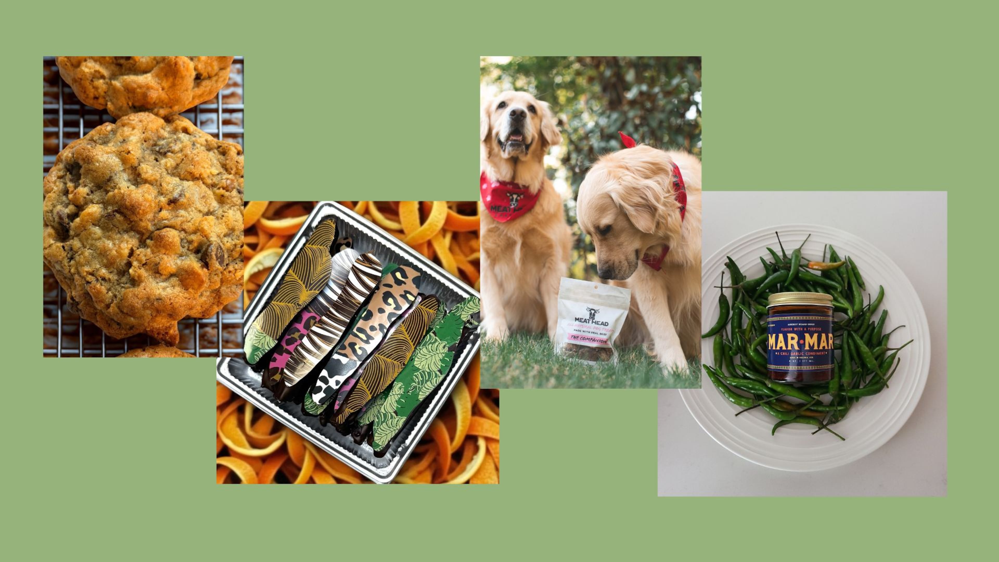 Southern-made products to try include (from left) loaded chocolate chip cookie from Absolute Best Cookie Co., chocolate-covered citrus peels from Chef Brulee Chocolates, dog treats from Meat Head Charcoal and chili garlic crunch from Mar Mar Foods (Courtesy of Delronda Grant, Natalya Shapiro, Meat Head Charcoal/Happy Everything Co. and Liza Lazaro-Matz)