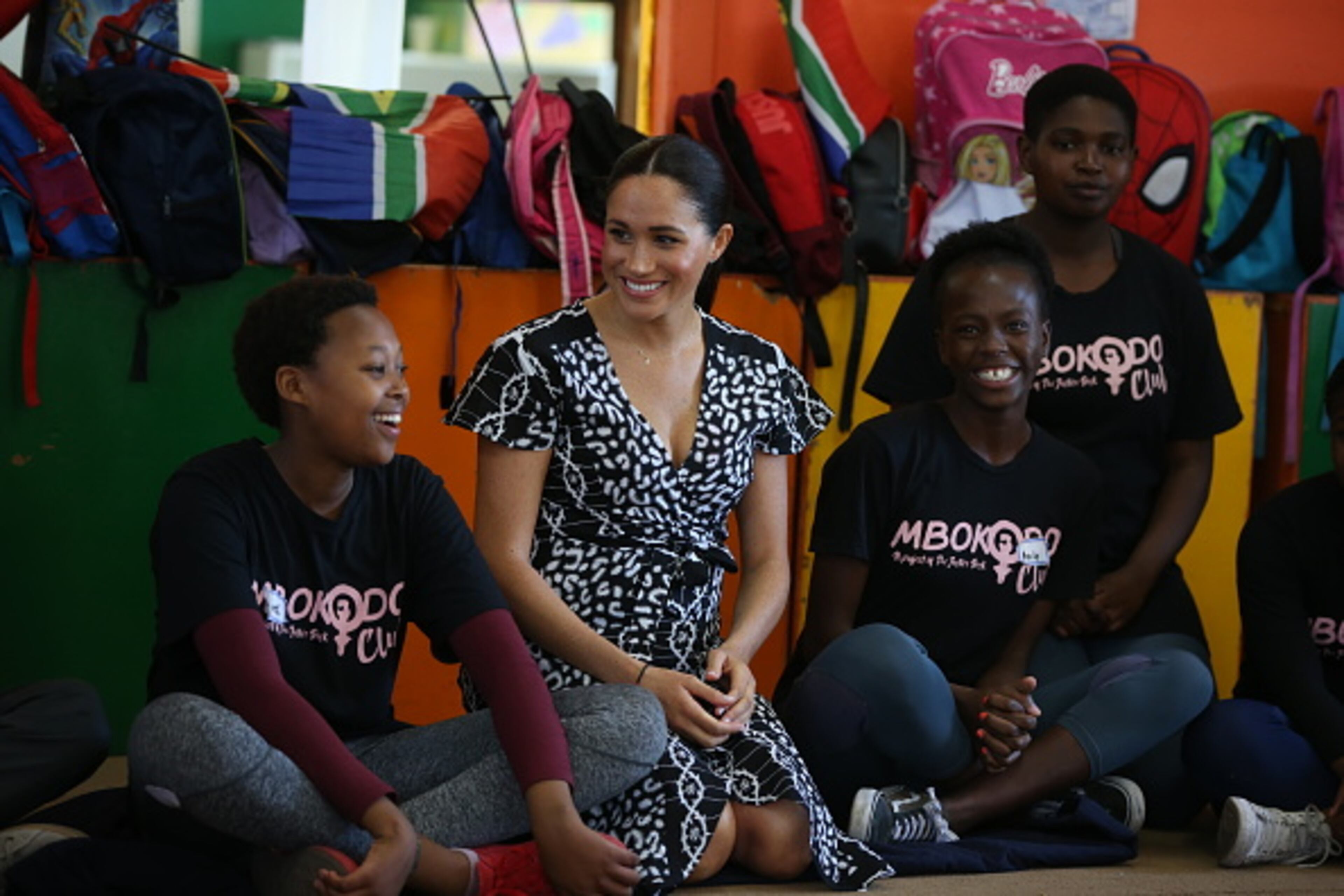 CAPE TOWN, SOUTH AFRICA - SEPTEMBER 23: Meghan, Duchess of Sussex talks to children during a visit to The Justice Desk on September 30, 2019 in Cape Town, South Africa. The Justice Desk initiative teaches children about their rights and provides self-defence classes and female empowerment training to young girls in the community. (Photo by Ian Vogler - Pool/Getty Images)