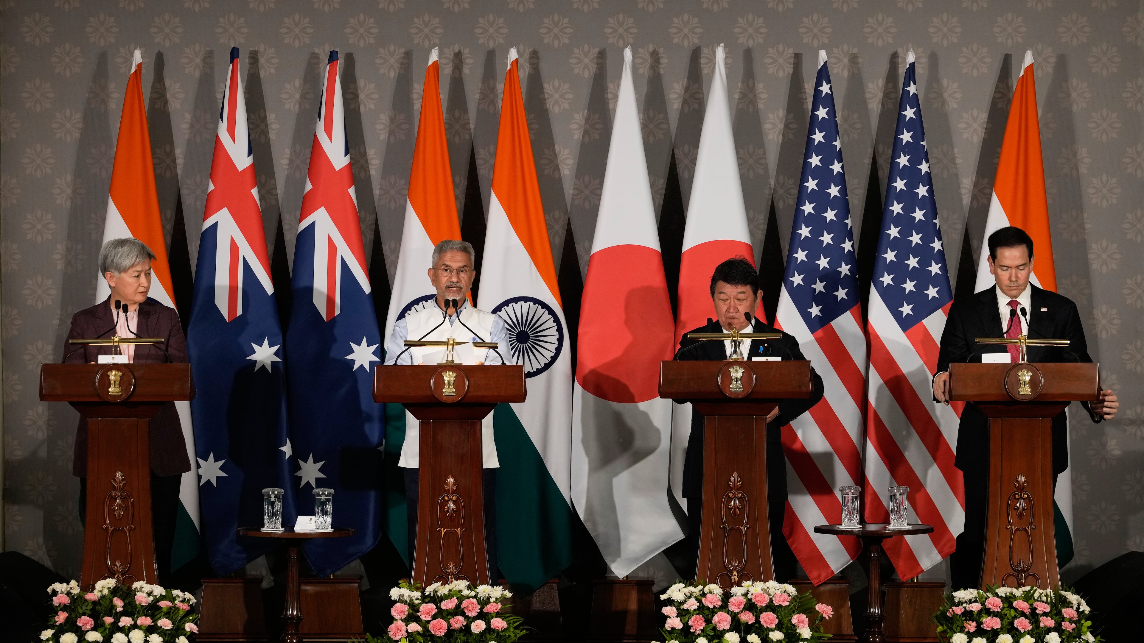 India's External Affairs Minister S. Jaishankar, second left, speaks as Australian Foreign Minister Penny Wong, left, Japanese Foreign Minister Toshimitsu Motegi, second right, and U.S. Secretary of State Marco Rubio listen following a Quad ministerial meeting at Hyderabad House in New Delhi, India, Tuesday, May 26, 2026. (AP Photo/Manish Swarup)