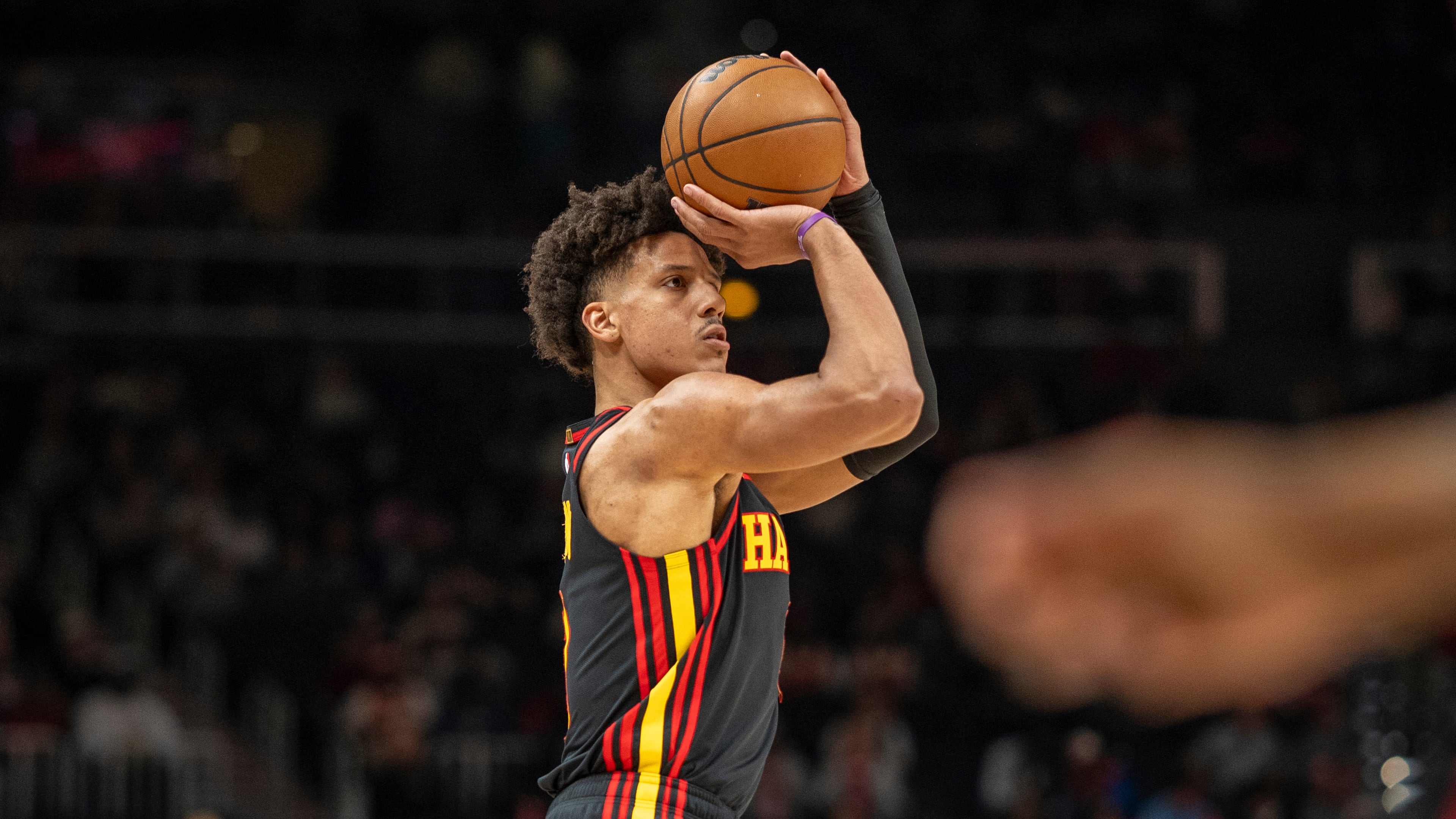 Atlanta Hawks forward Jalen Johnson attempts a basket during the first half of an NBA basketball game against the Sacramento Kings, Saturday, March 28, 2026, in Atlanta. (Erik Rank/AP)