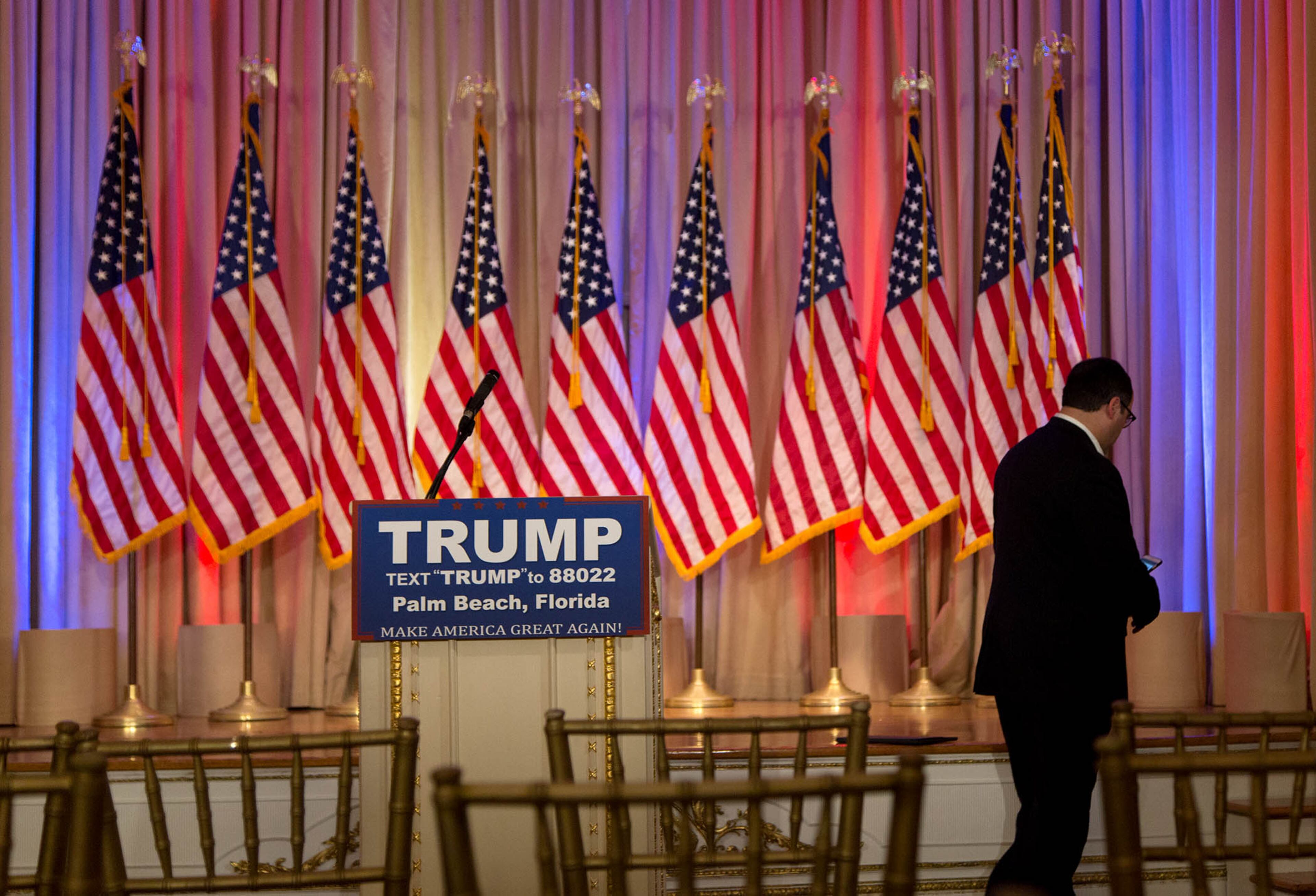 The White and Gold Ballroom at Mar-A-Lago is setup for Donald J. Trump's Super Tuesday press conference at Mar-A-Lago in Palm Beach, Florida on March 1, 2016. (Allen Eyestone / Daily News)