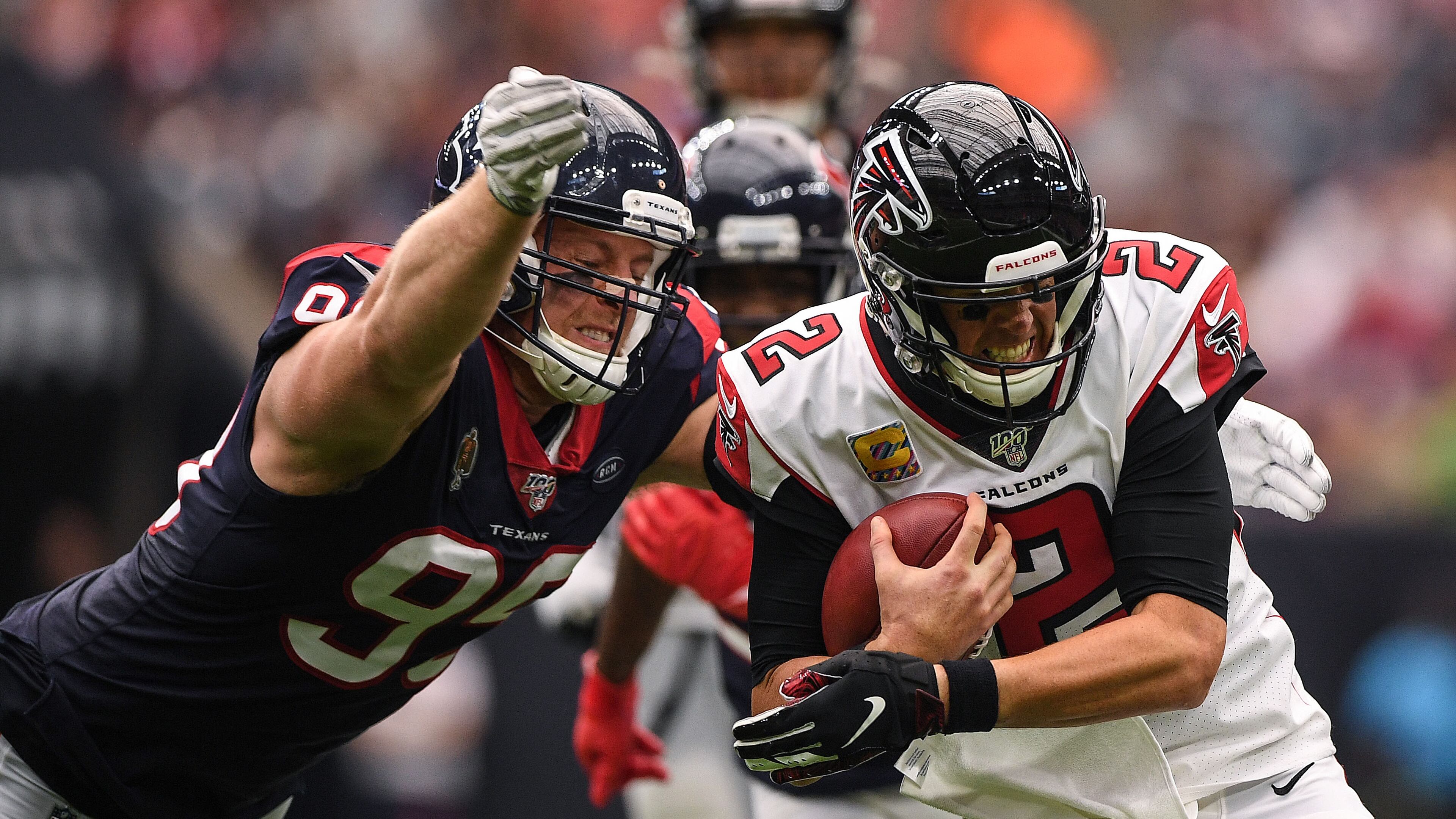 Falcons quarterback Matt Ryan is tackled by Houston's J.J. Watt in the second quarter Oct. 6, 2019, at NRG Stadium in Houston.