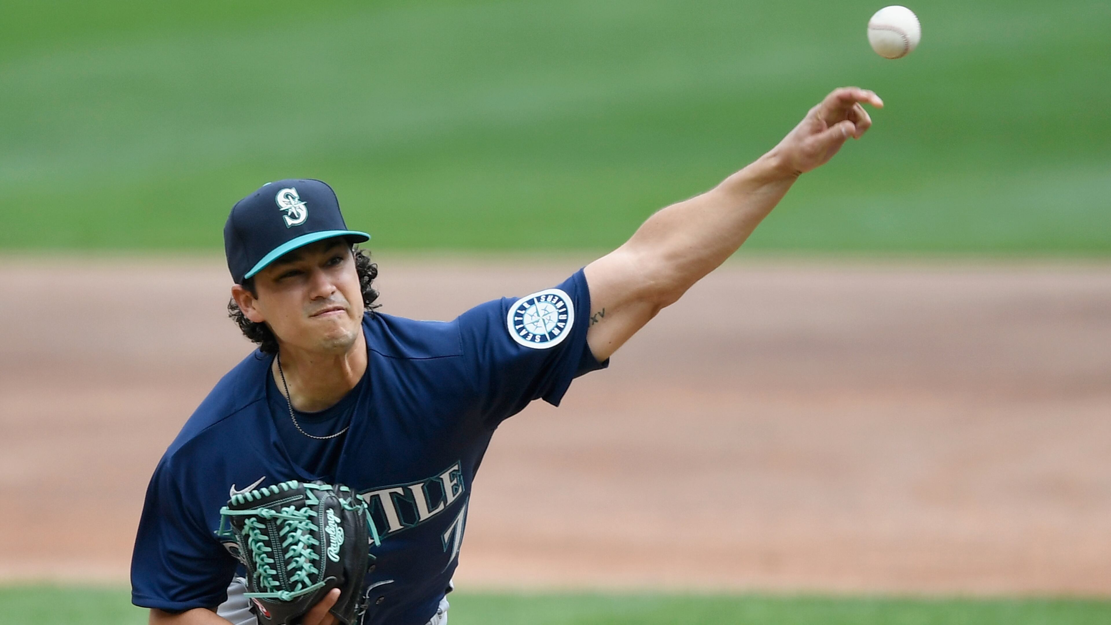 Marco Gonzales of the Seattle Mariners delivers a pitch against the Minnesota Twins during the first inning at Target Field on Thursday, April 8, 2021, in Minneapolis. (Hannah Foslien/Getty Images/TNS)