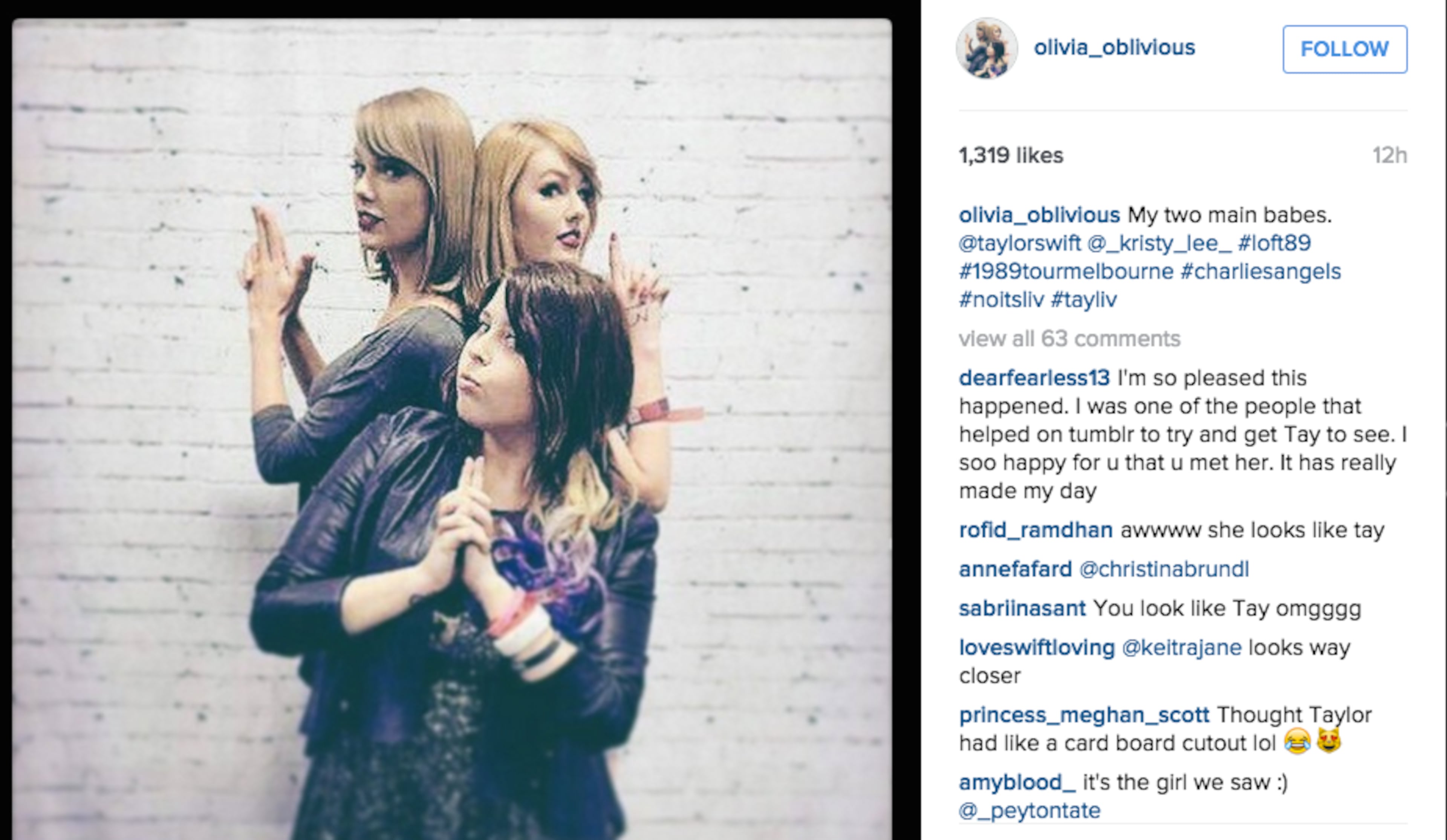 That time Taylor Swift, left, met her doppelganger (Olivia Sturgiss) and friend (Kristi Lee) and posed like Charlie's Angels.