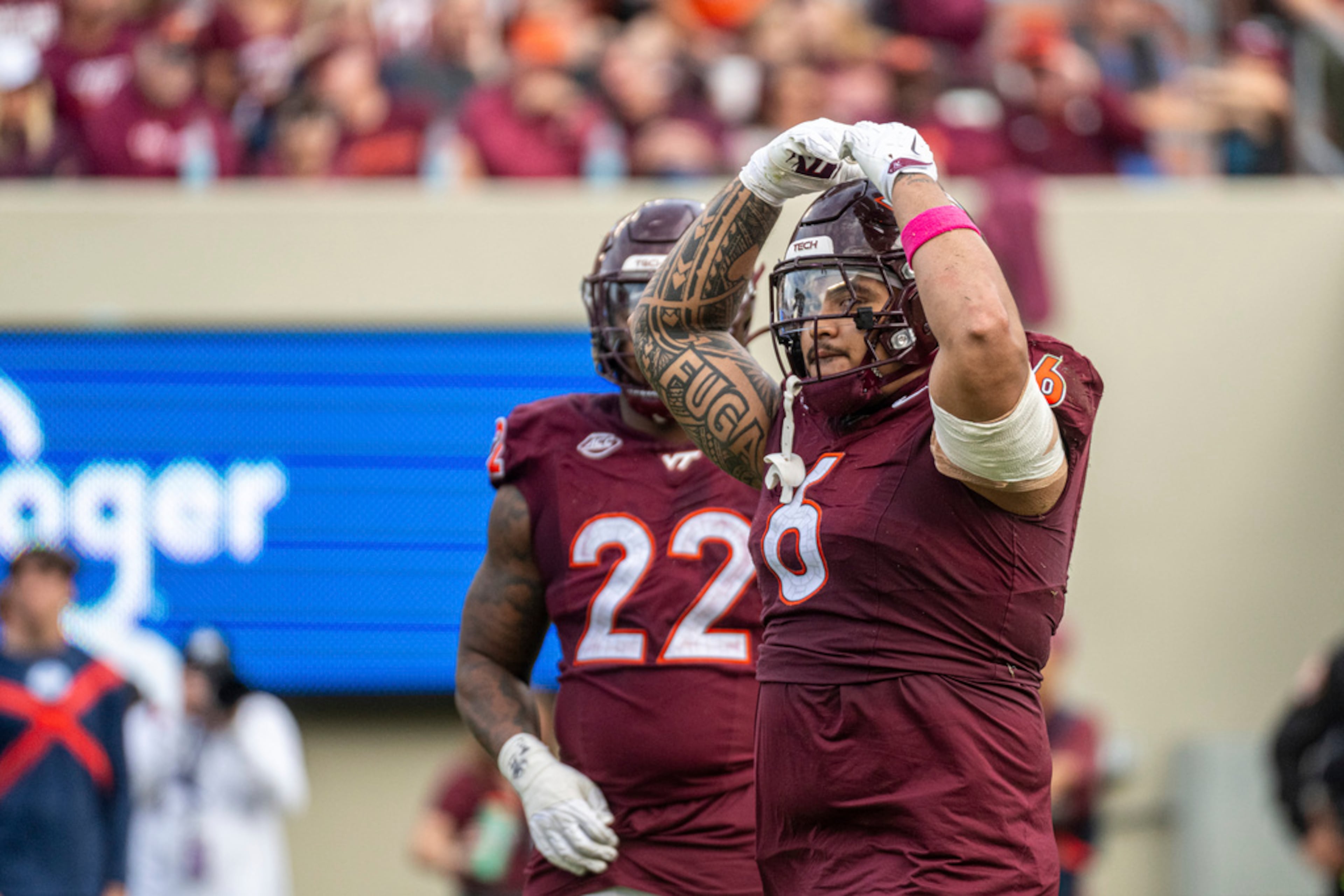 Virginia Tech Josh Fuga (6) reacts during the second half of an NCAA college football game against Georgia Tech, Saturday, Oct. 26, 2024, in Blacksburg, Va. (AP Photo/Robert Simmons)
