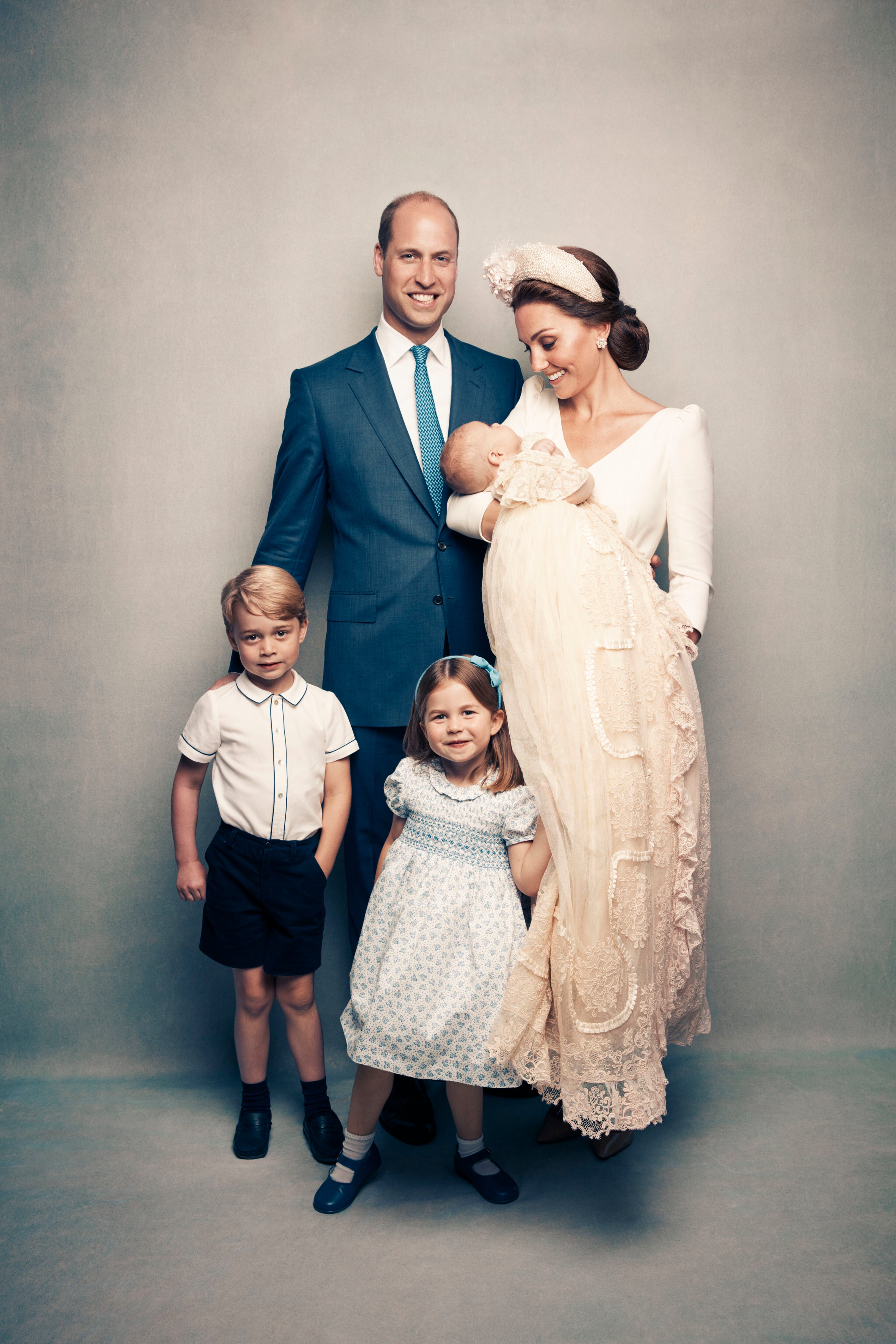 This Monday, July 9, 2018, photo provided by the Duke and Duchess of Cambridge shows an official photograph to mark the christening of Prince Louis at Clarence House, following Prince Louis' baptism, in London. In the photo, Kate, the Duchess of Cambridge, holds Prince Louis as they pose with Prince William, the Duke of Cambridge; Prince George and Princess Charlotte. (Matt Holyoak/Camera Press/Duke and Duchess of Cambridge via AP)