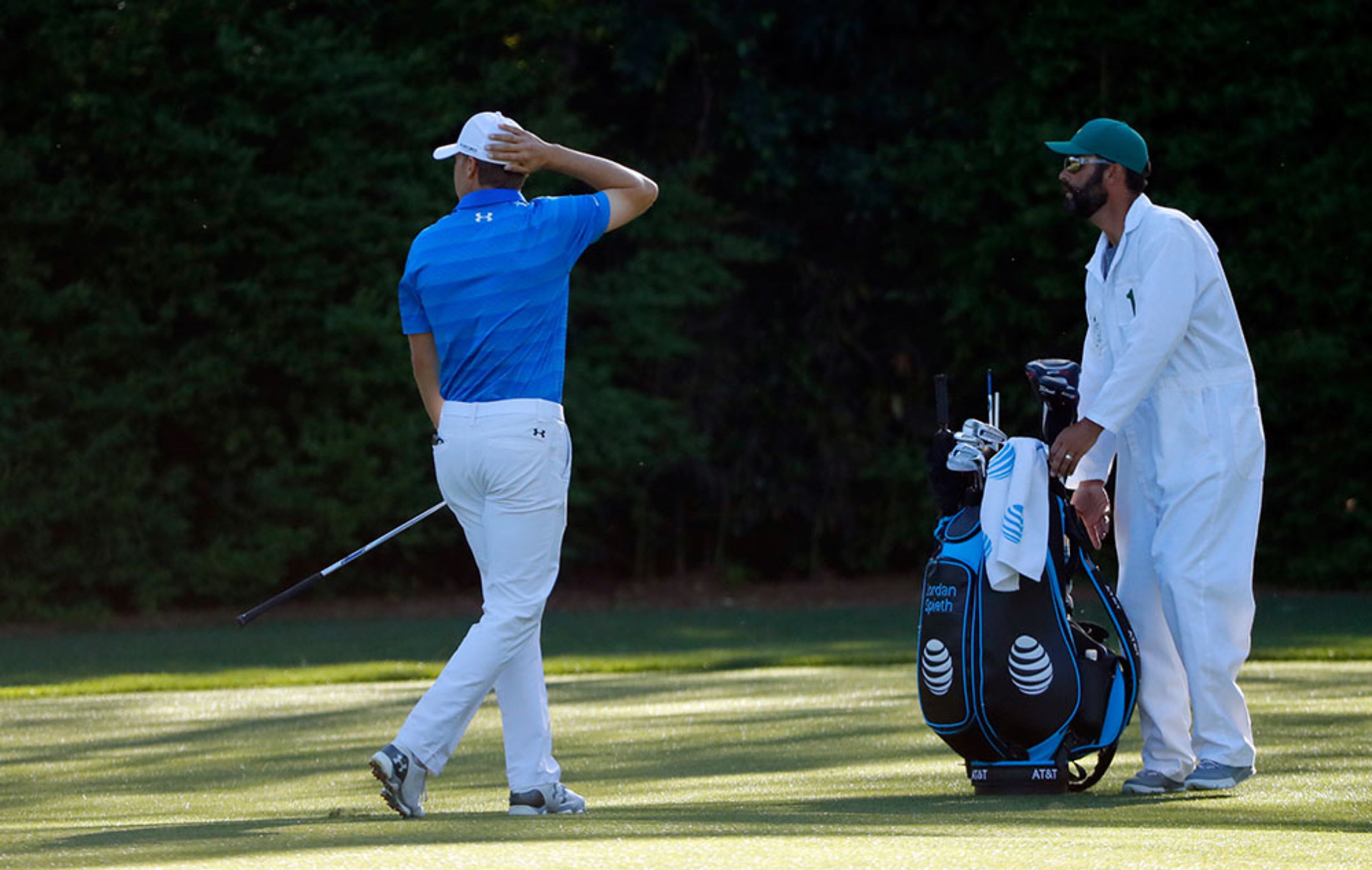 2. Jordan Spieth failed to get his wedge shot from a drop zone onto the No. 12 green with his second shot from 80 feet from the pin.