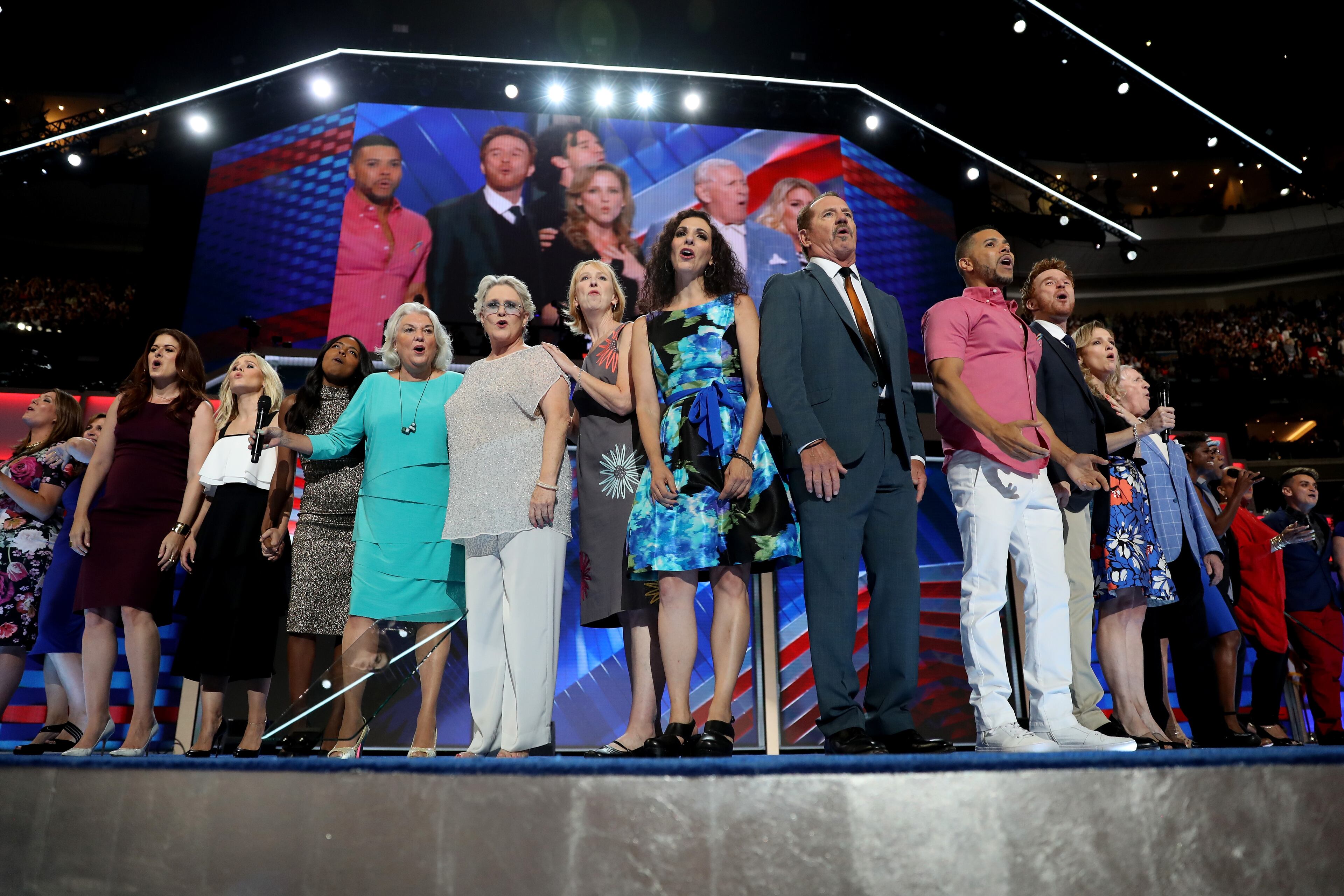 Stars of Broadway perform "What the World Needs Now" honoring those killed in the horrific Pulse nightclub shooting in Orlando on the third day of the Democratic National Convention at the Wells Fargo Center, July 27, 2016 in Philadelphia. (Photo by Joe Raedle/Getty Images)