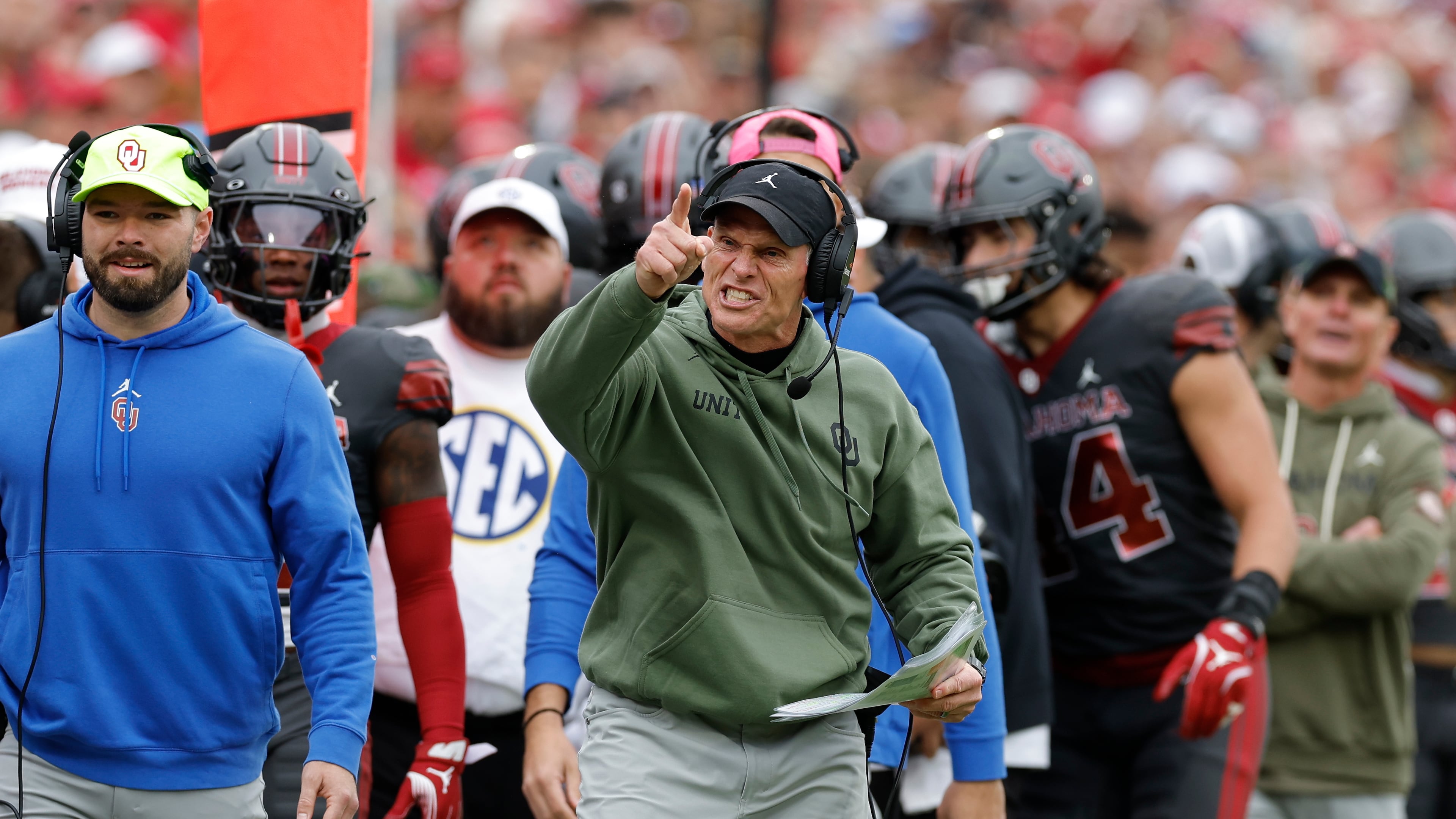 Oklahoma head coach Brent Venables yells at a referee after a play against Missouri during an NCAA football game in Norman, Okla. (Alonzo Adams/AP 2025)