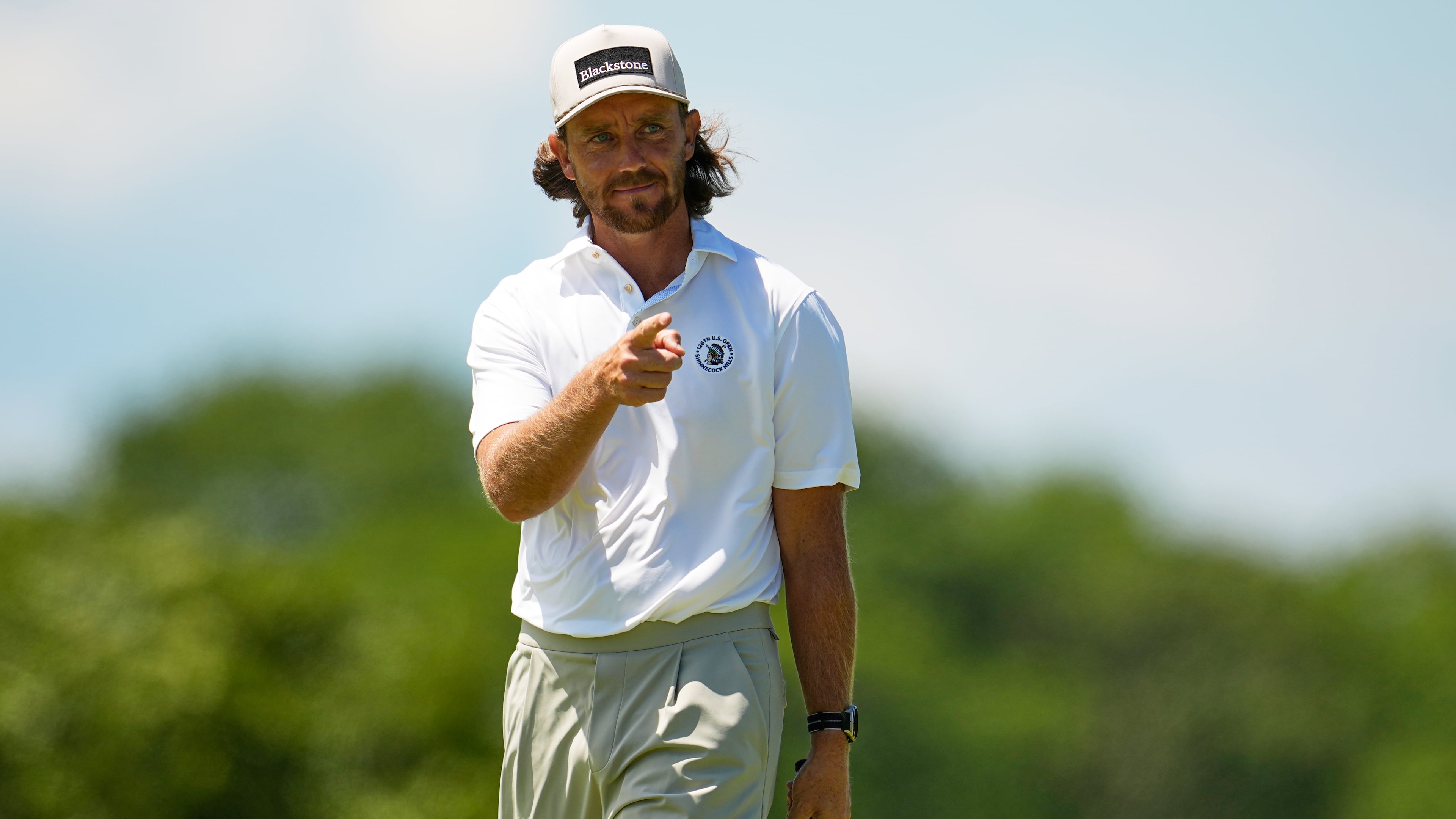 Tommy Fleetwood, of England, celebrates after a birdie on the second hole during the final round of the U.S. Open golf tournament at Shinnecock Hills Golf Club in Southampton, N.Y., Sunday, June 21, 2026. (AP Photo/George Walker IV)
