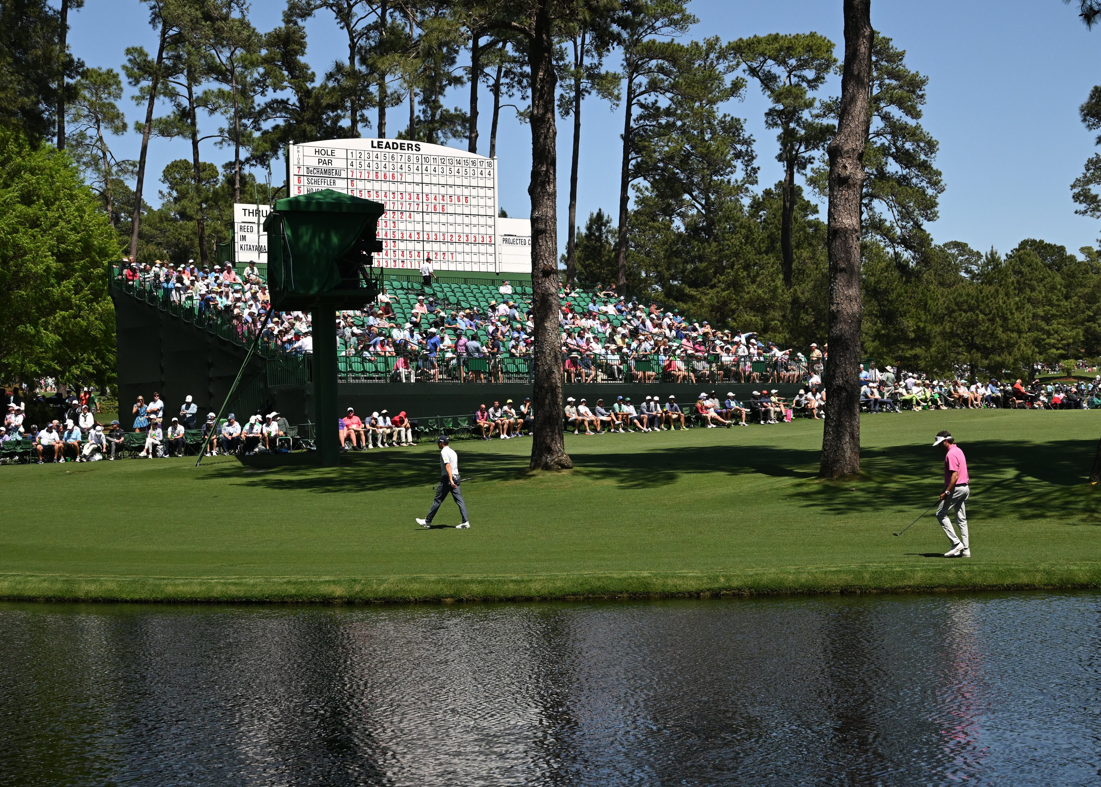 Nicolai Hojgaard, left and Bubba Watson walk down 16th fairway during second round of the 2024 Masters Tournament at Augusta National Golf Club, Friday, April 12, 2024, in Augusta, Ga. (Hyosub Shin / Hyosub.Shin@ajc.com)