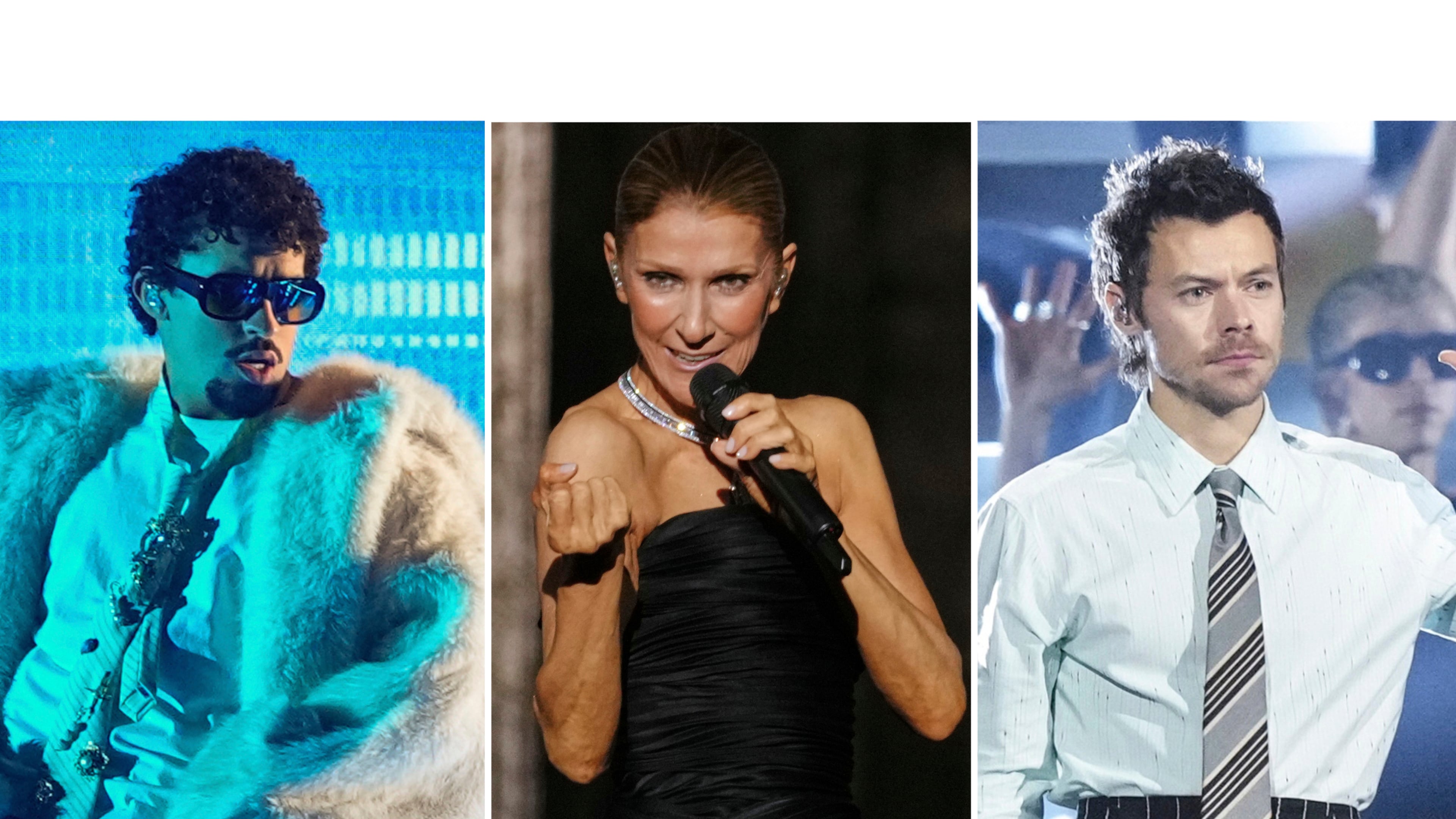 This combination of images shows performers, from left, Bad Bunny, Celine Dion, and Harry Styles. (AP Photo)