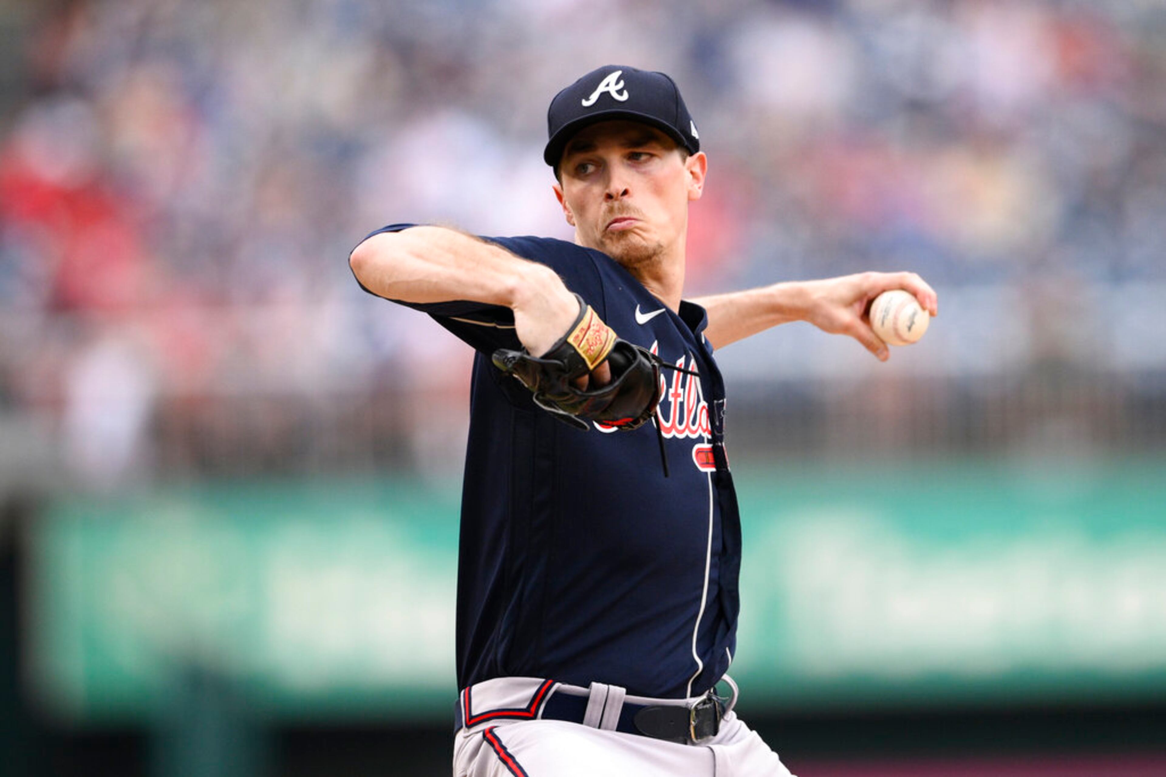 Atlanta Braves starting pitcher Max Fried throws during a baseball game against the Washington Nationals, Saturday, July 16, 2022, in Washington. (AP Photo/Nick Wass)