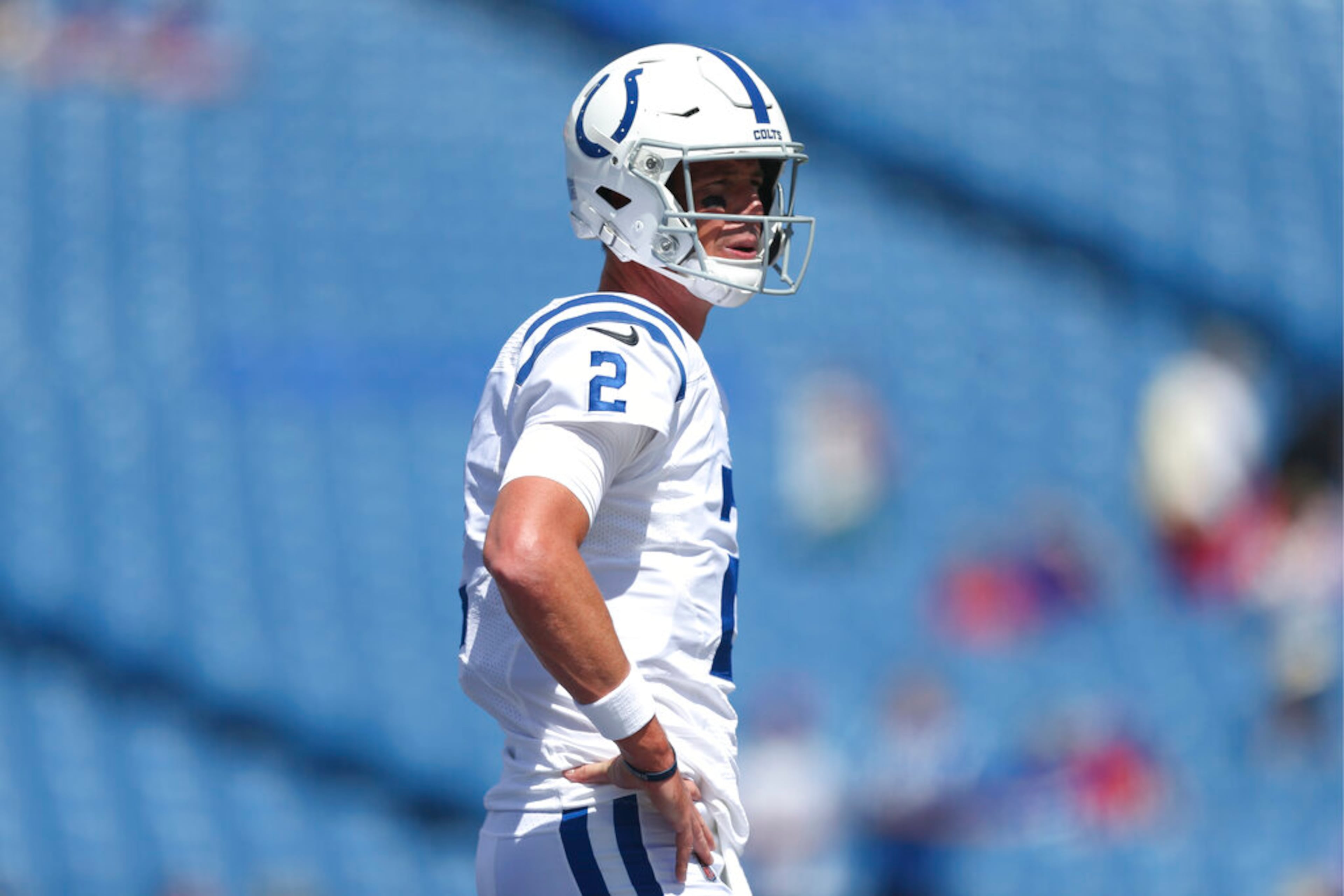 Indianapolis Colts quarterback Matt Ryan prior to a preseason NFL football game against the Buffalo Bills, Saturday, Aug. 13, 2022, in Orchard Park, N.Y. (AP Photo/Joshua Bessex)