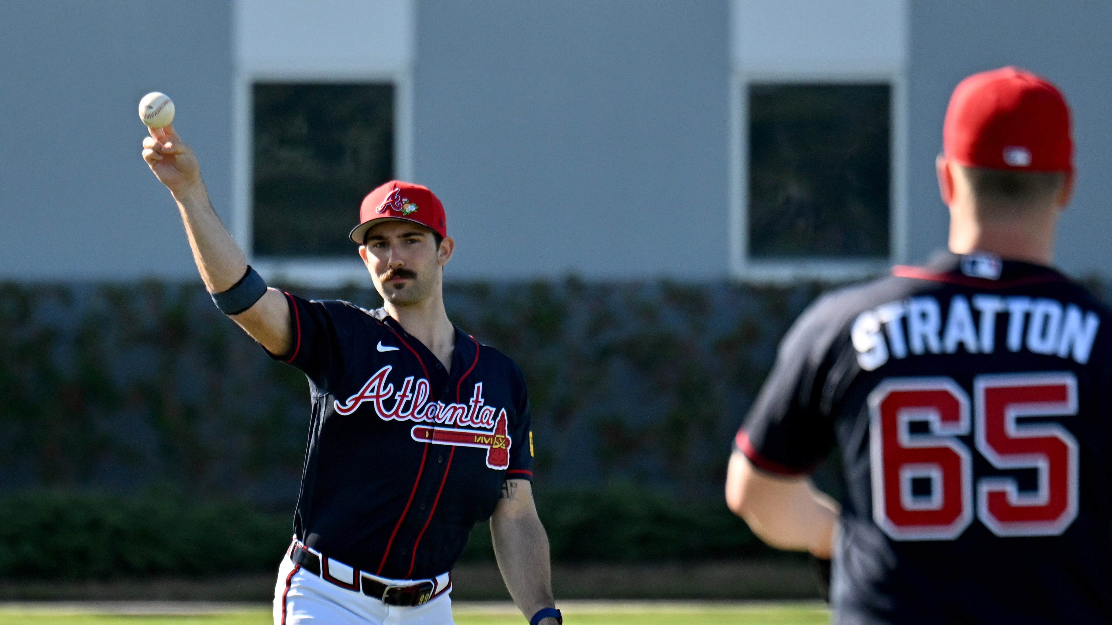 Braves pitcher Spencer Strider, shown here during workouts at CoolToday Park last month, pitched a scoreless fourth, was pulled with one out in the fifth and then completed his outing with a perfect sixth on Thursday. (Hyosub Shin/AJC)