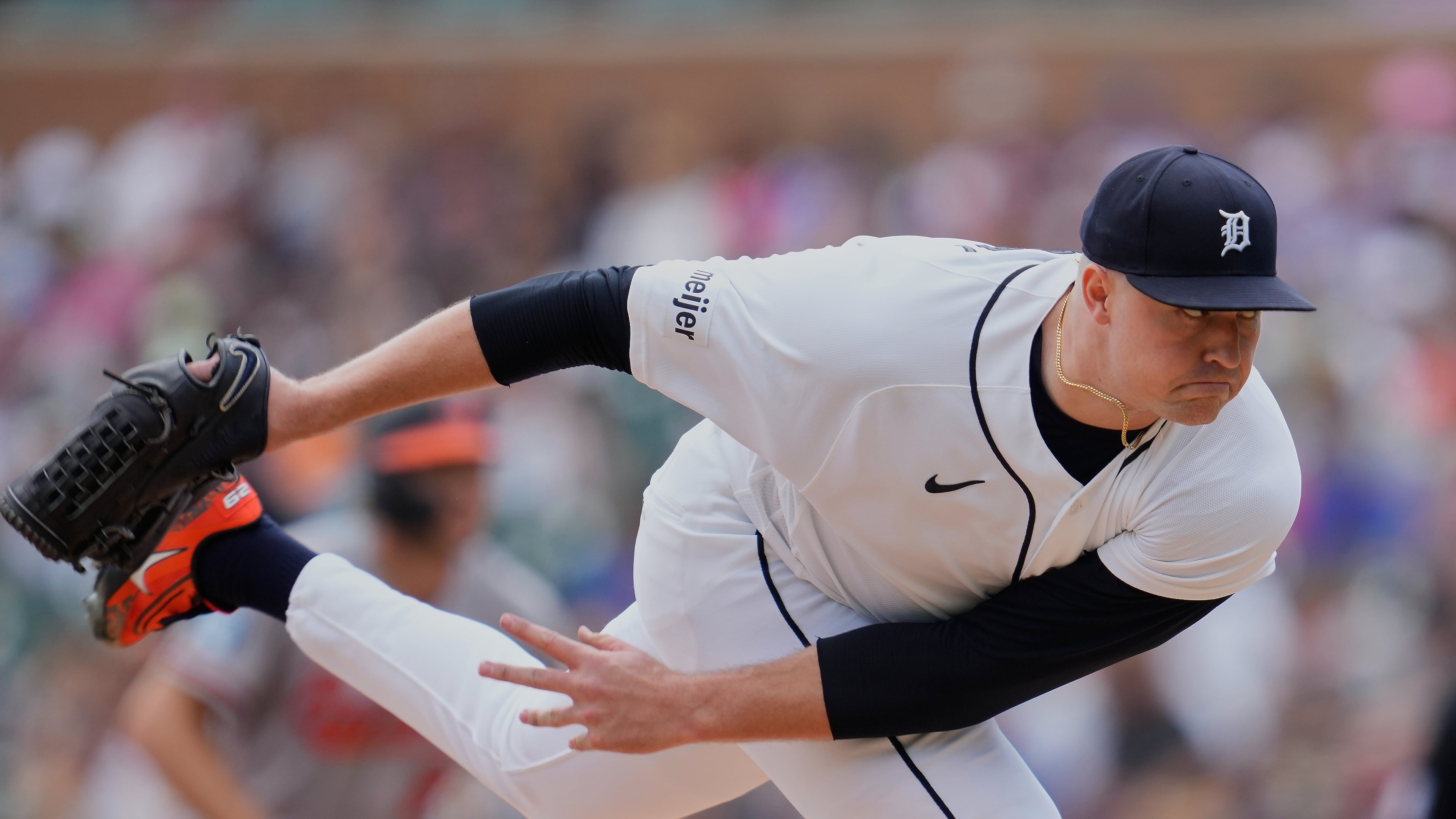 Detroit Tigers pitcher Tarik Skubal throws during the seventh inning of a baseball game against the Baltimore Orioles Wednesday, July 29, 2026, in Detroit. (AP Photo/Paul Sancya)