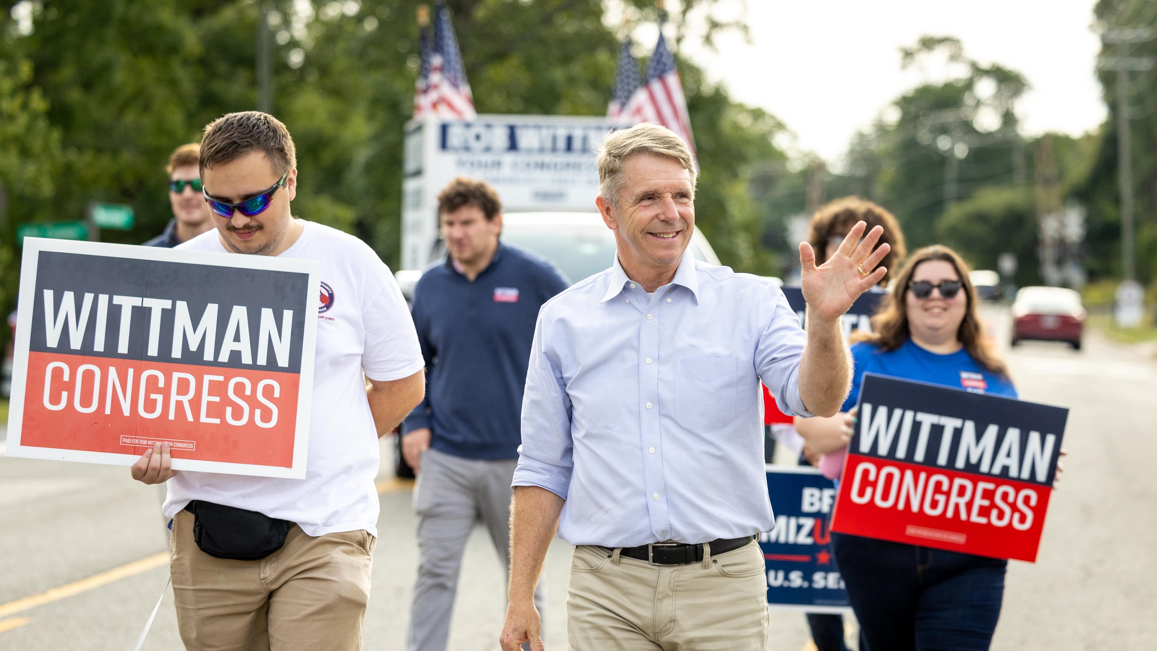 Rep. Rob Wittman, R-Va., waves during the 30th annual Glen Allen Day parade on Saturday, Sept. 19, 2026, in Glen Allen, Va. (AP Photo/Mike Kropf)
