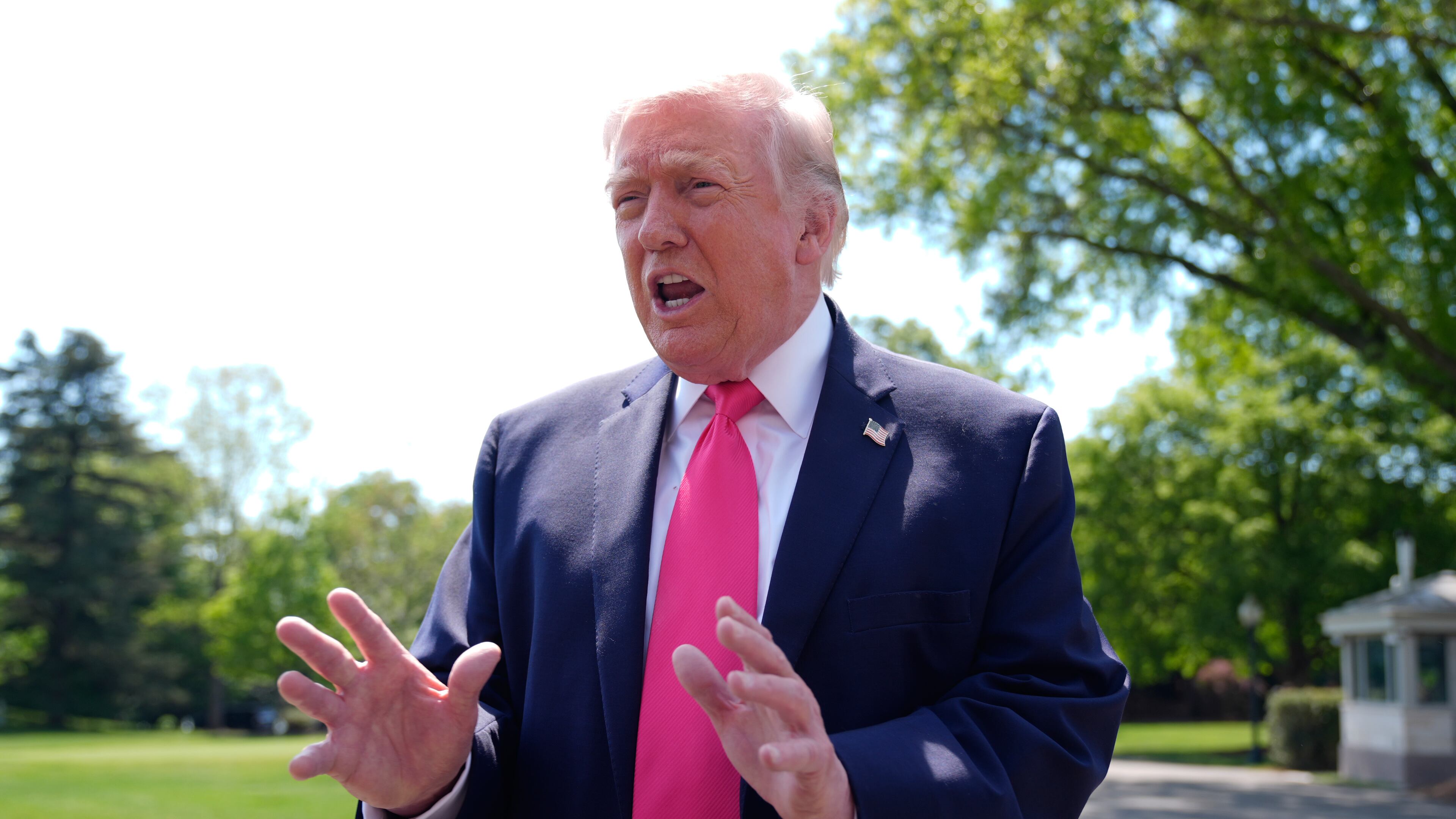 President Donald Trump speaks with reporters before departing on Marine One from the South Lawn of the White House, Thursday, April 16, 2026, in Washington. (AP Photo/Manuel Balce Ceneta)