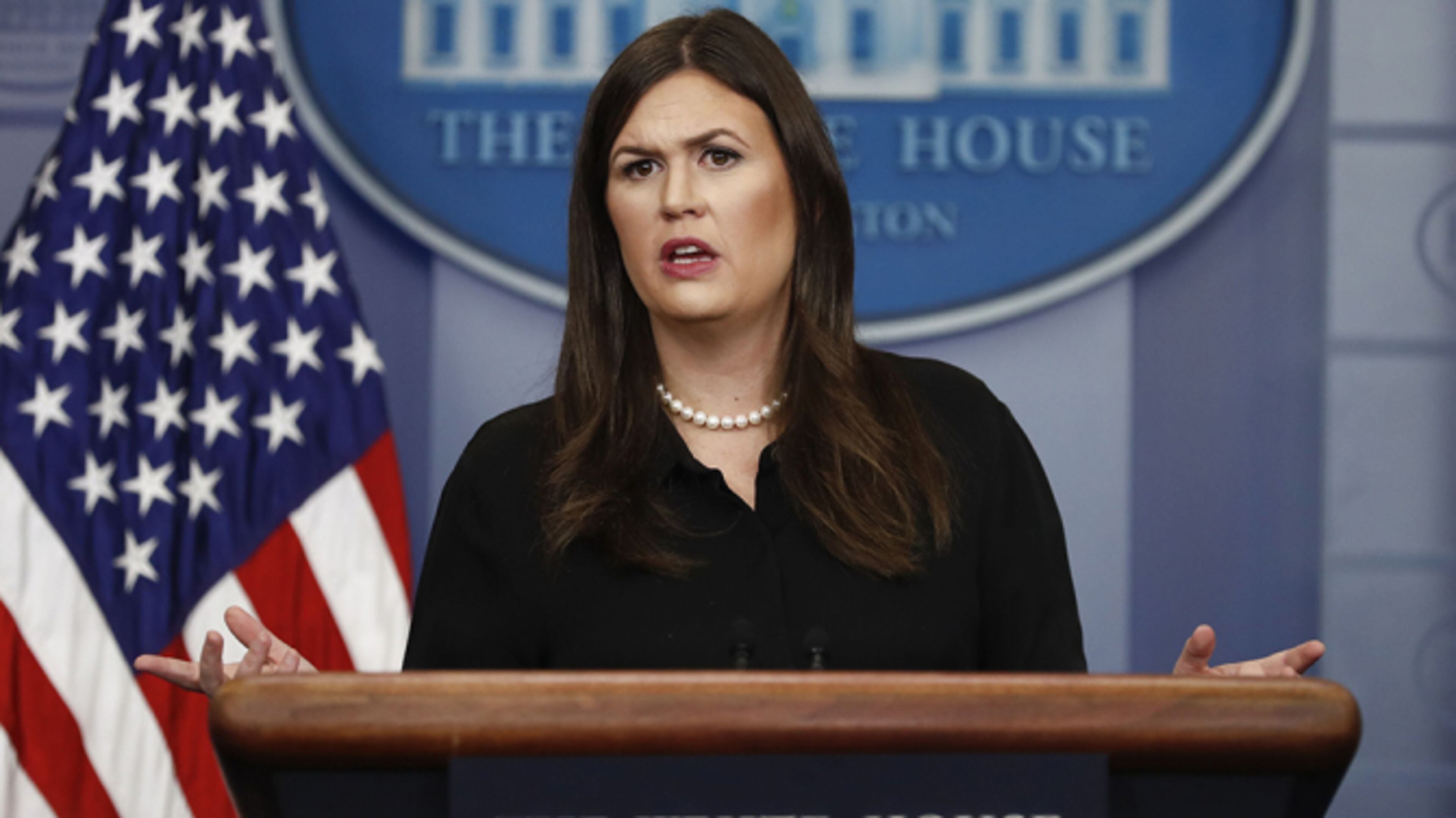 Mandatory Credit: Photo by AP/REX/Shutterstock (9057944a) White House press secretary Sarah Huckabee Sanders speaks during a news briefing at the White House, in Washington, . Huckabee Sanders discussed tax reform, President Donald Trump's planned dinner tonight with House and Senate minority leaders, and other topics Trump, Washington, USA - 13 Sep 2017