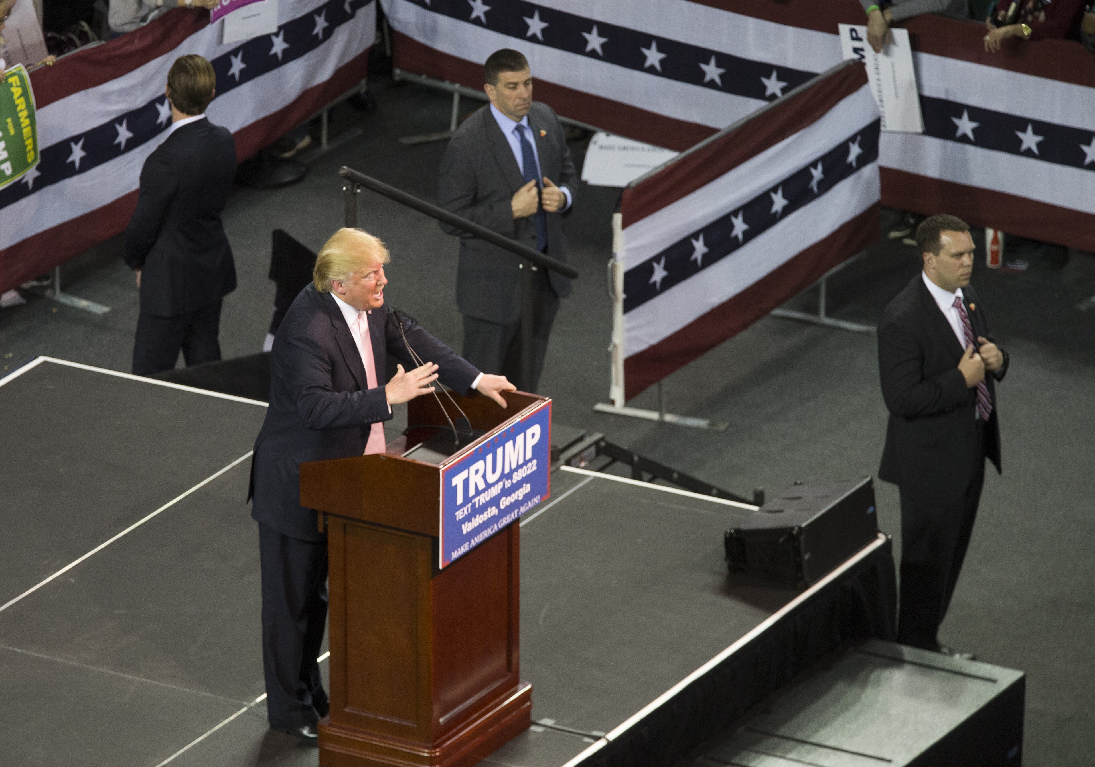 Republican presidential candidate Donald Trump speaks to supporters during a rally at Valdosta State University February 29, 2016 in Valdosta, Georgia. On the eve of the Super Tuesday primaries, Trump is enjoying his best national polling numbers of the election cycle, increasing his lead over rivals Sens. Marco Rubio (R-FL) and Ted Cruz (R-TX). (Photo by Mark Wallheiser/Getty Images)