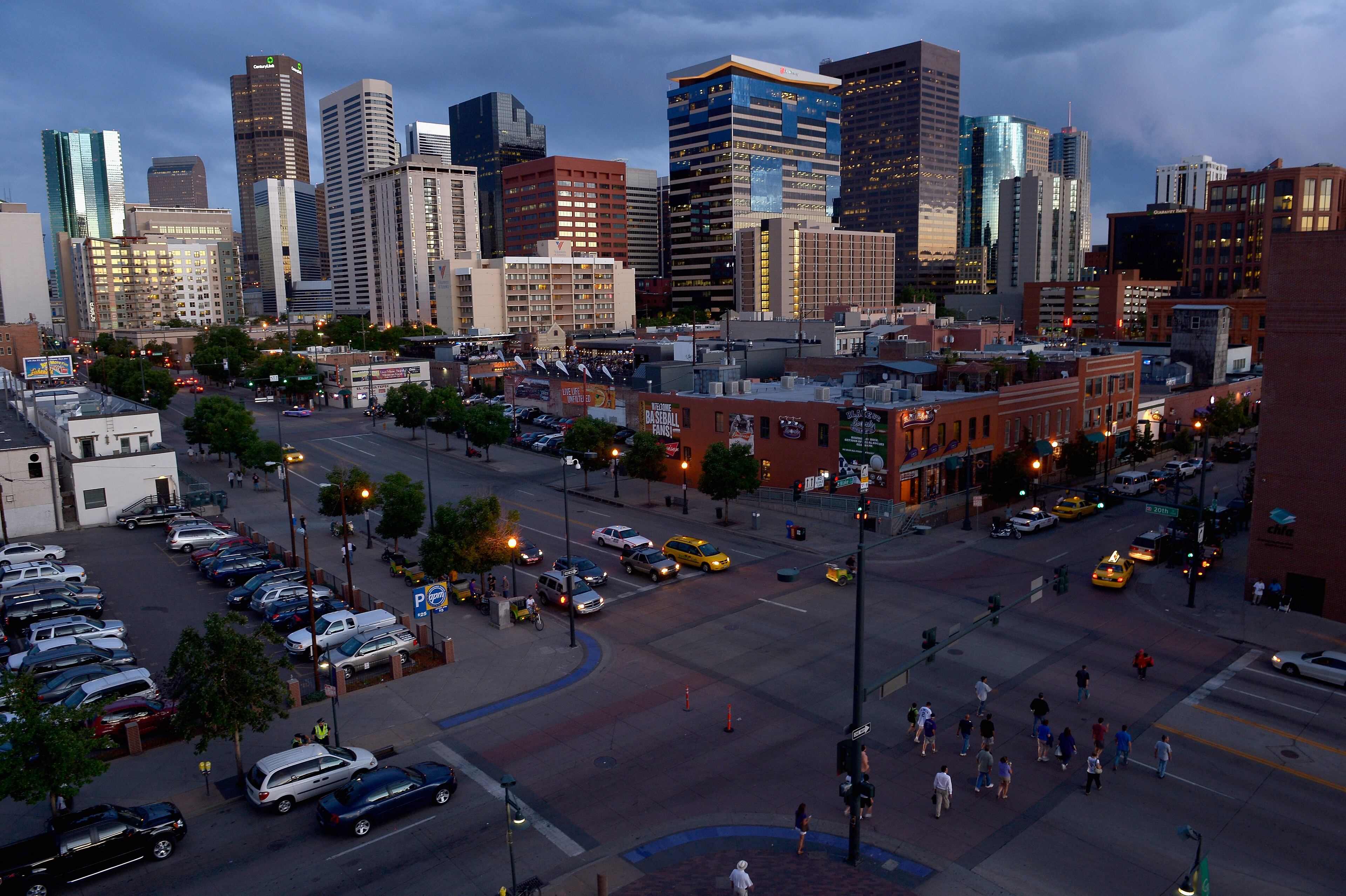 DENVER, CO - JUNE 13: A view of the intersection of 20th Street and Blake Street with the Denver skyline in the background from the Coors Field as the Oakland Athletics defeated the Colorado Rockies 10-8 during Interleague Play at Coors Field on June 13, 2012 in Denver, Colorado. (Photo by Doug Pensinger/Getty Images)