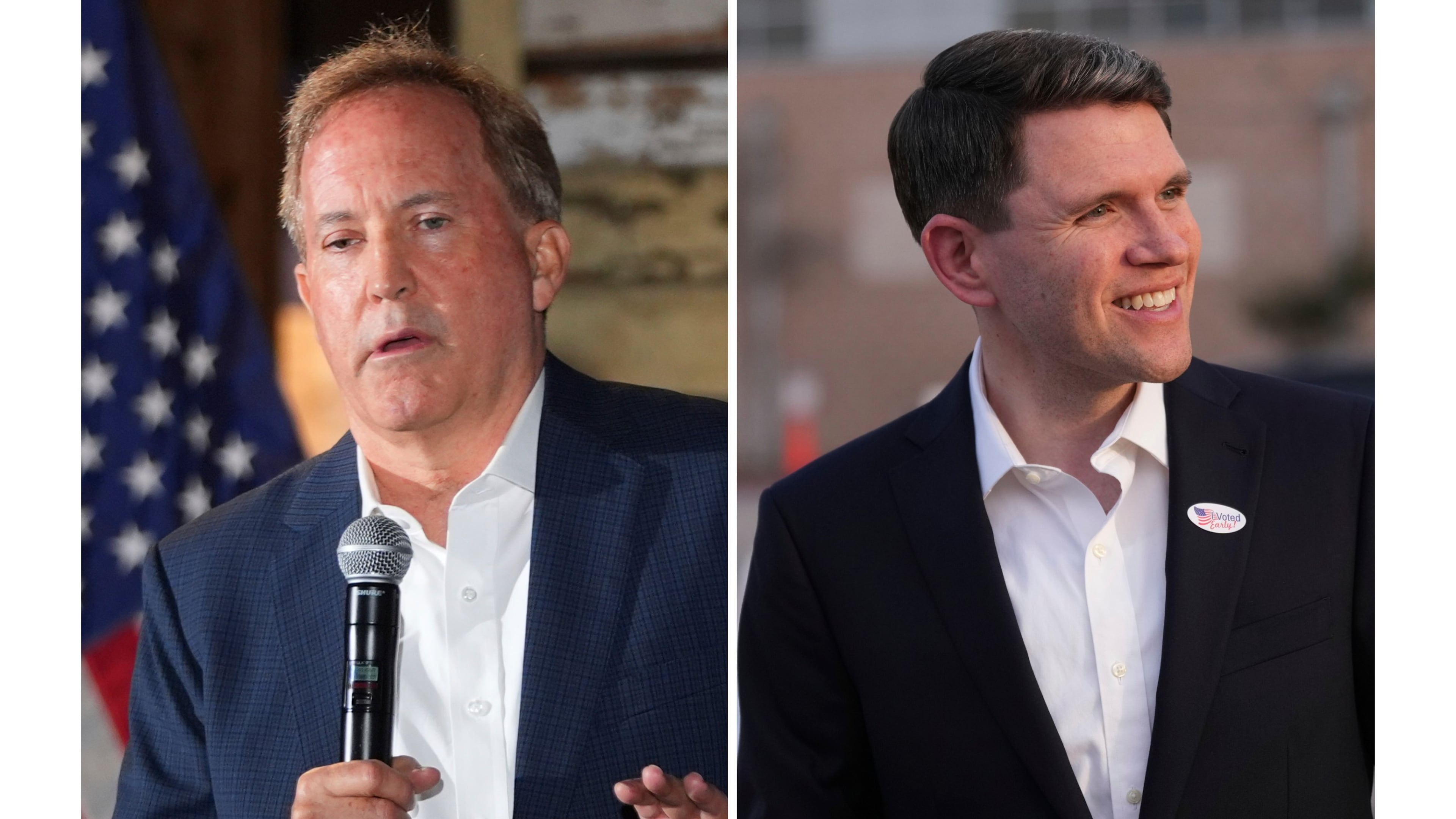 FILE - At left, Texas Attorney General Ken Paxton speaks in McKinney, Texas, May 19, 2026, and at right, Texas state Rep. James Talarico, after voting, in Austin, Texas, Feb. 17, 2026. (AP Photo/LM Otero and Eric Gay,File)