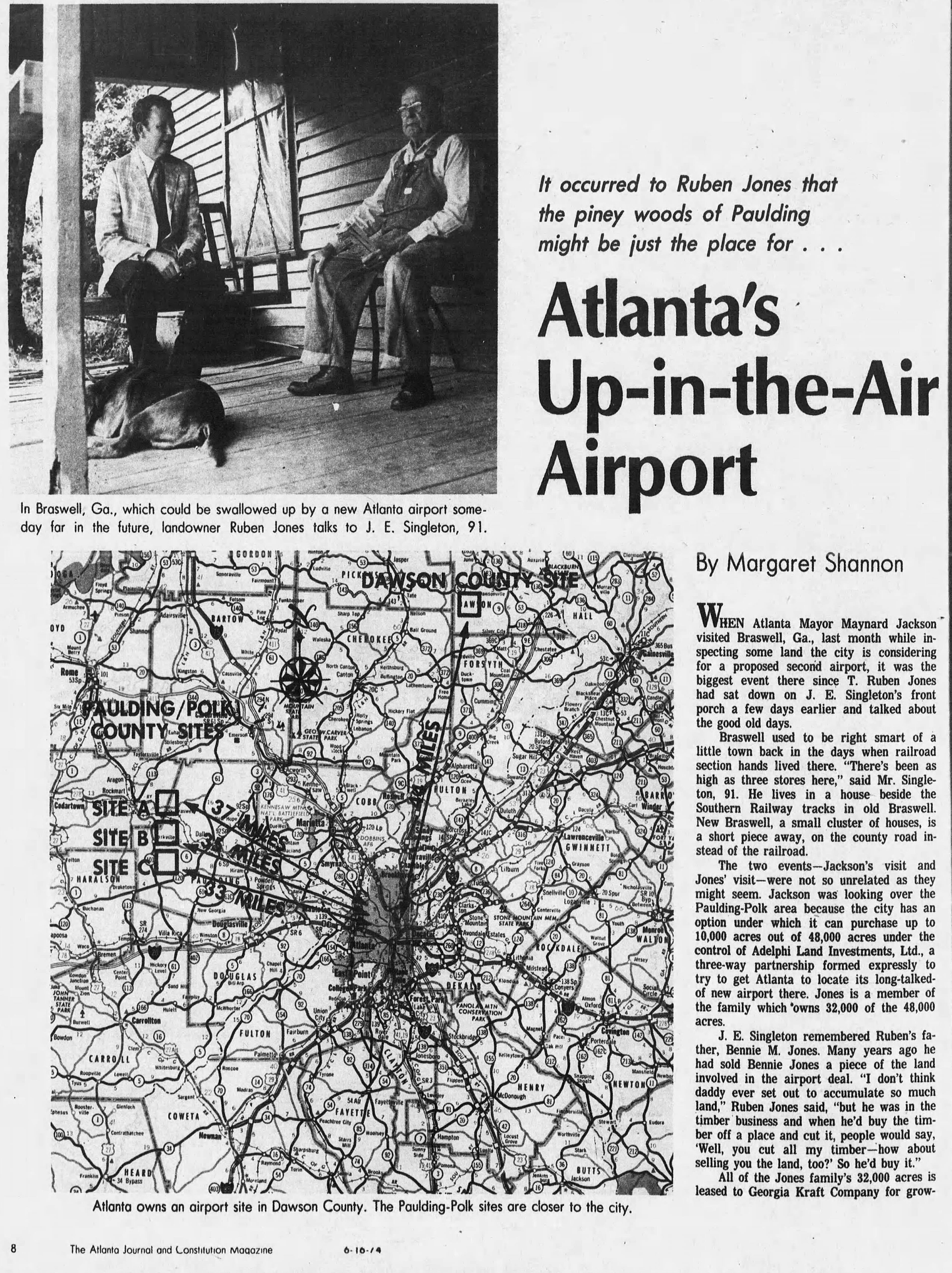 An Atlanta Journal and Constitution Magazine article in 1974 told story of the city's second airport sites. Talk of the need for a second airport began in the 1960s, Margaret Shannon reported.