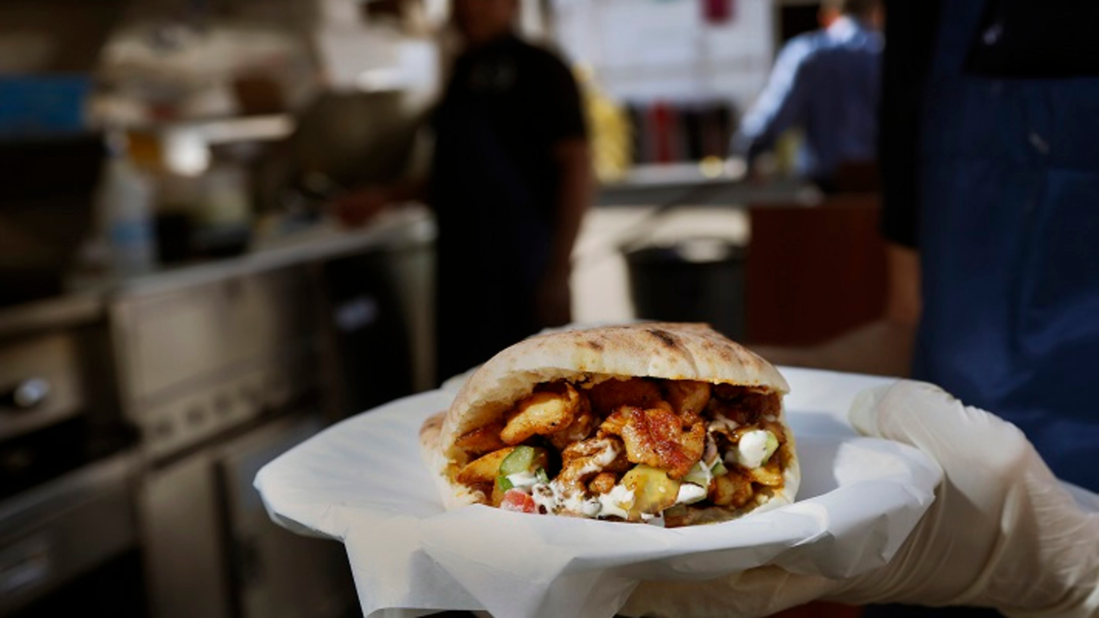 The shawarma pita from The Holy Grill on March 28, 2016. Adiel Nahmias is owner and chef of the food truck/stand that operates in a parking lot in downtown Los Angeles. (Rick Loomis/Los Angeles Times/TNS)
