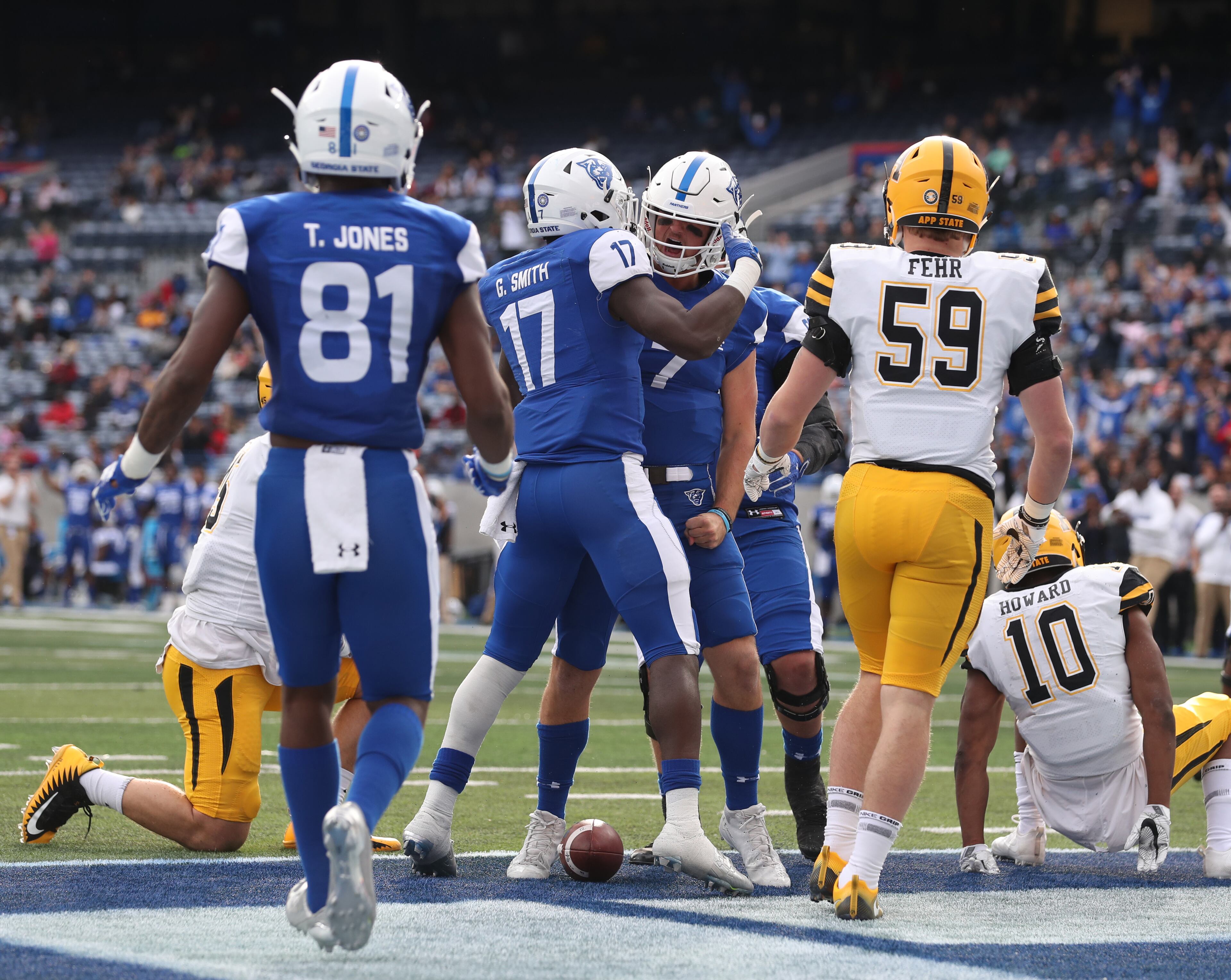 November 25, 2017 - Atlanta, Ga: Georgia State Panthers quarterback Conner Manning (7) celebrates after he scored a rushing touchdown in the first half of their game against the Appalachian State Mountaineers at GSU Stadium Saturday, November 25, 2017, in Atlanta. PHOTO / JASON GETZ