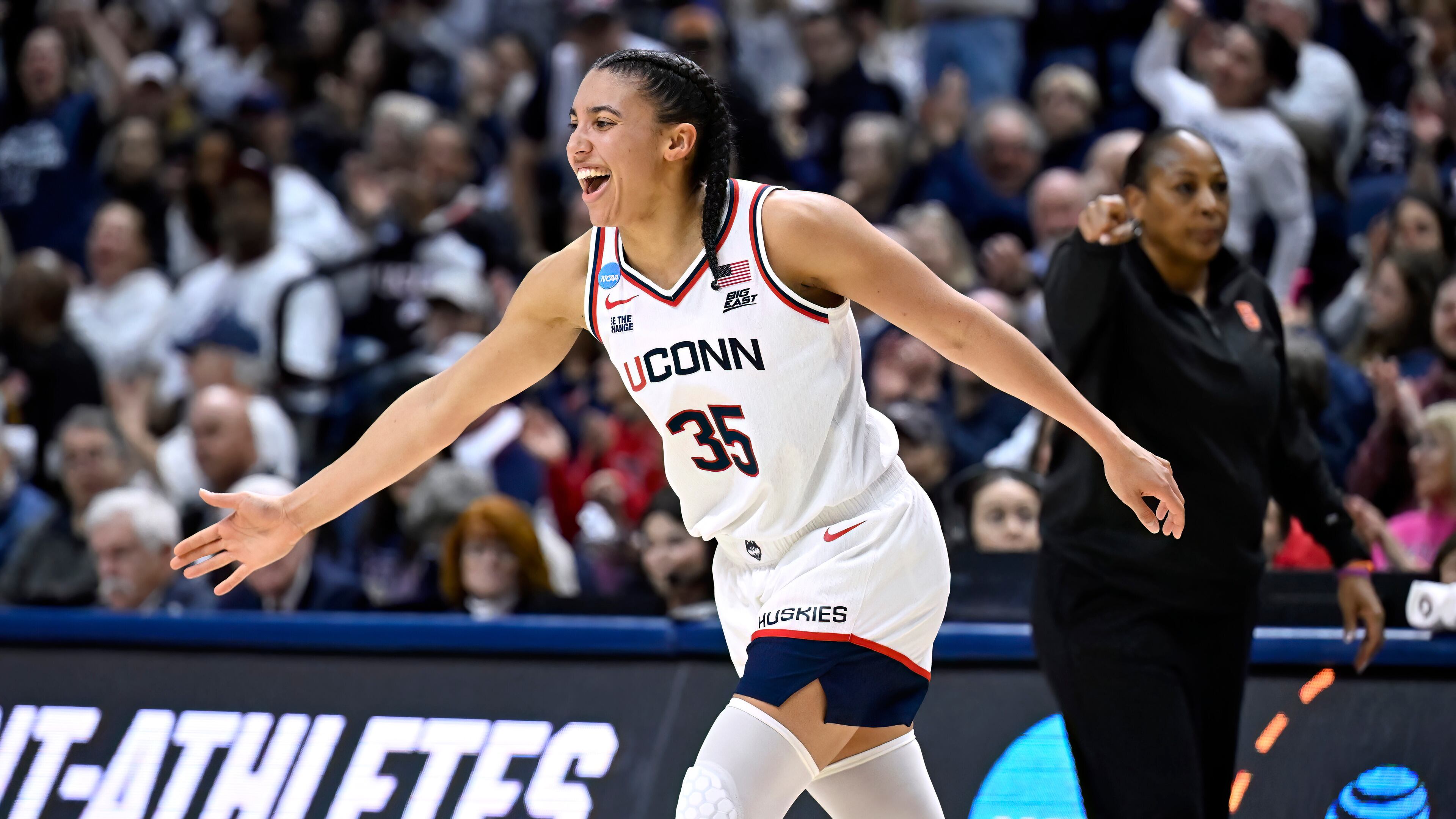 UConn guard Azzi Fudd (35) reacts after making a 3-point basket during the first half in the second round of the NCAA college basketball tournament against Syracuse, Monday, March 23, 2026, in Storrs, Conn. (AP Photo/Jessica Hill)