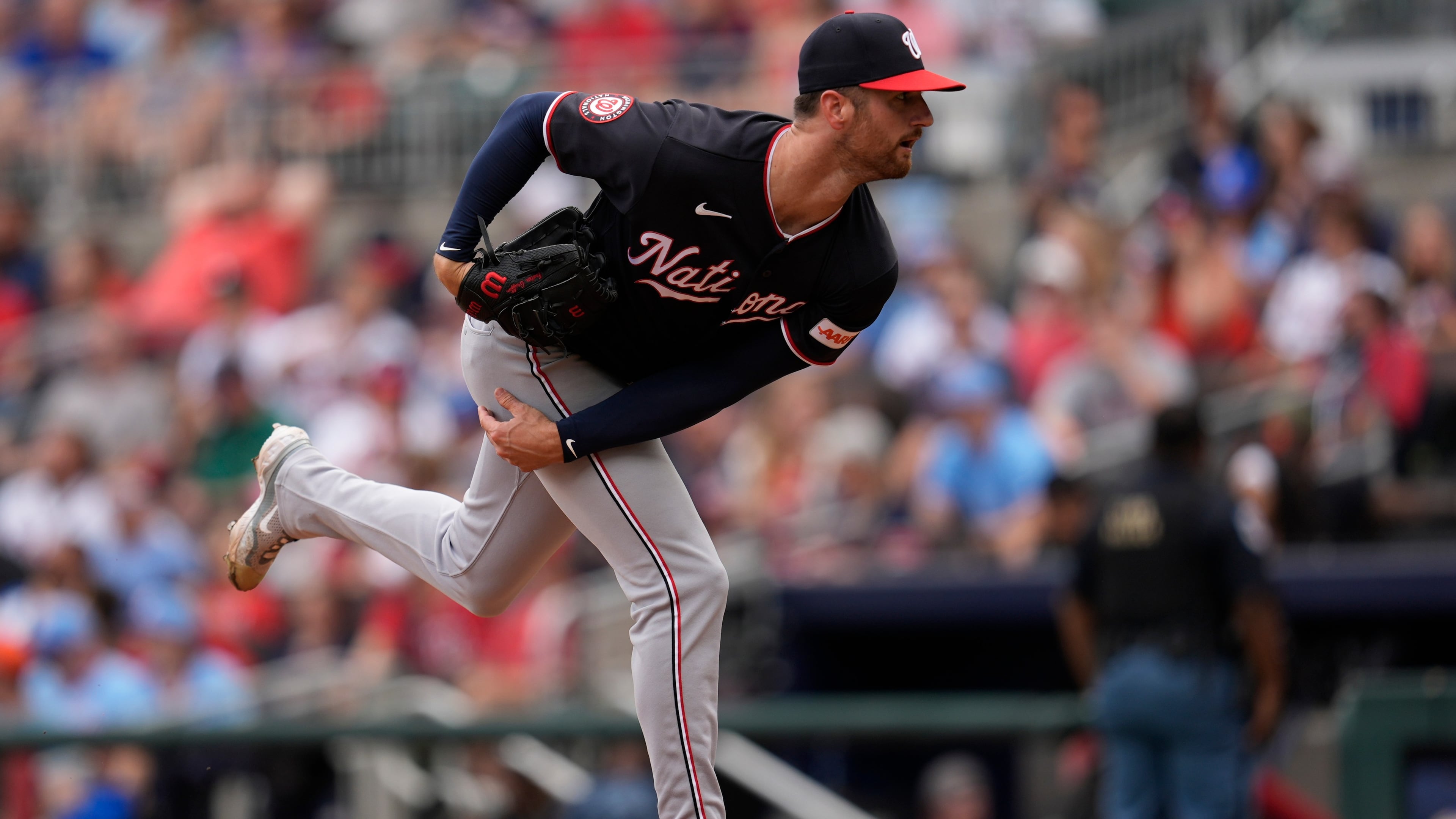 Washington Nationals pitcher Foster Griffin (22) works in the first inning of a baseball game against the Atlanta Braves, Sunday, May 24, 2026, in Atlanta. (AP Photo/Mike Stewart)
